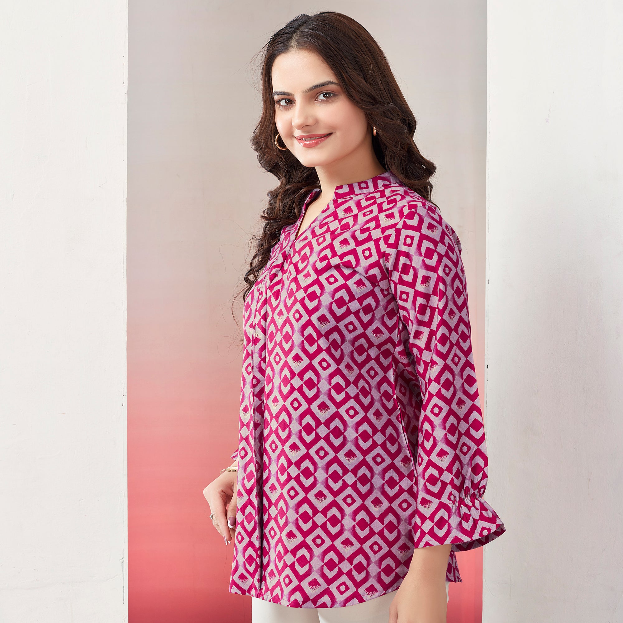 Pink Blue Printed Chanderi Silk Straight Top