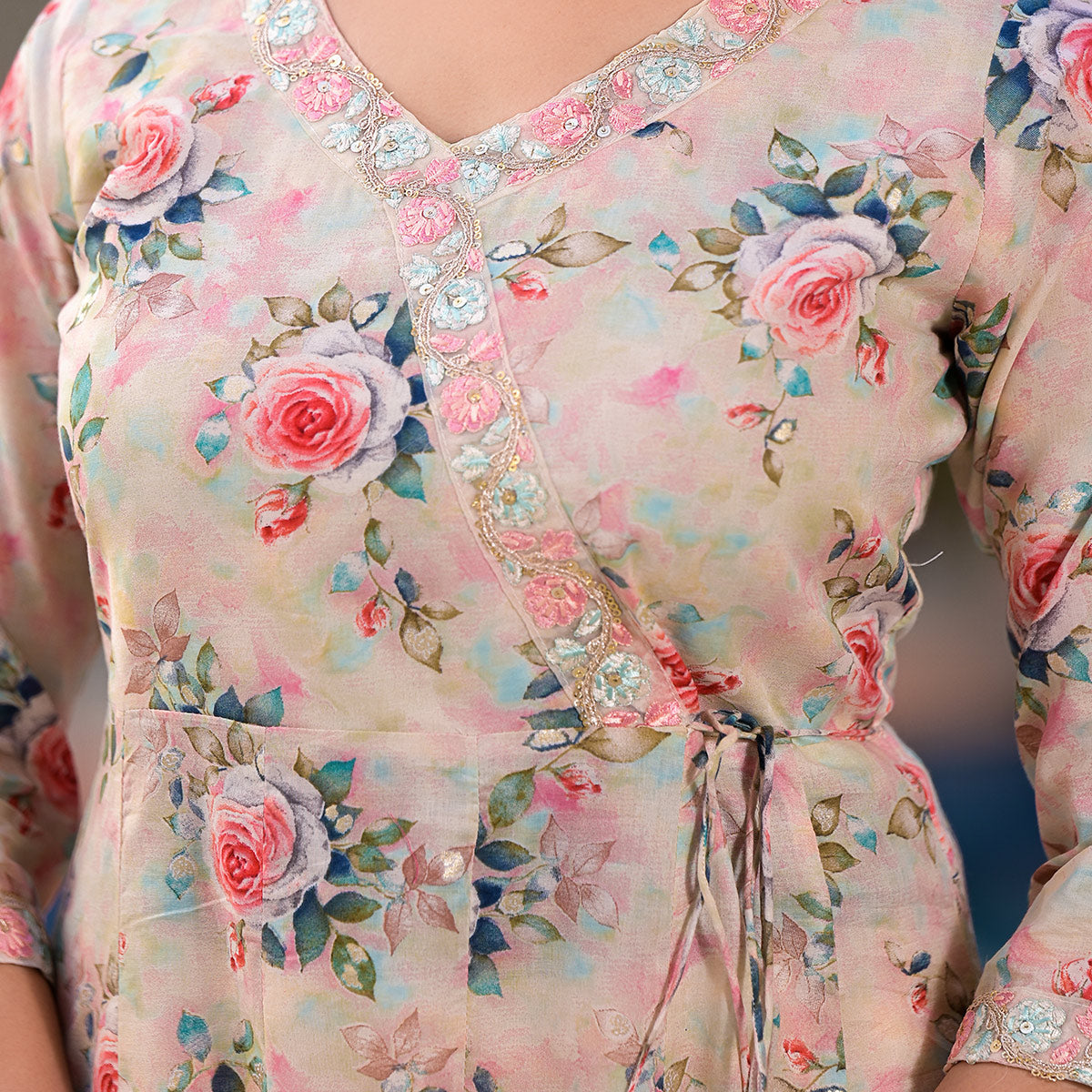 Cream Floral Printed Mulmul Cotton Anarkali Salwar Suit