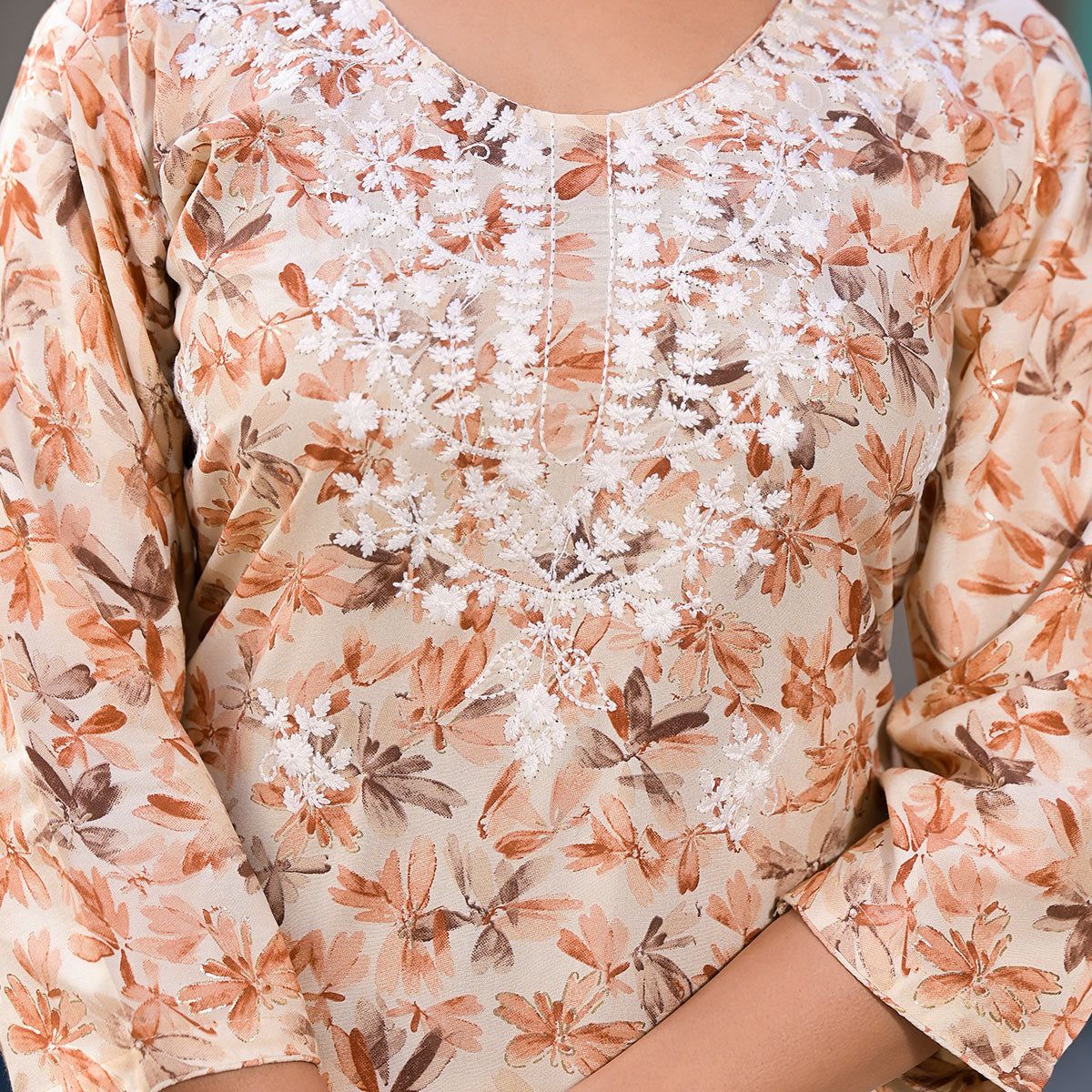 Beige Chikankari Embroidery Rayon Straight Kurti
