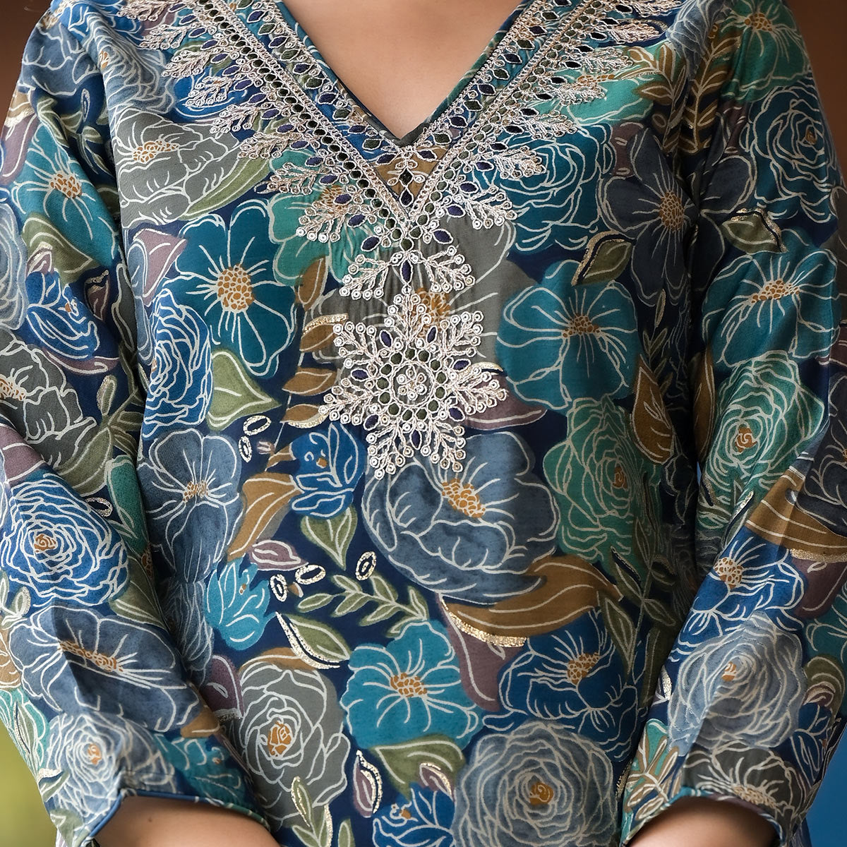 Navy Blue Floral Printed Chanderi Silk Salwar Suit With Sequins Work