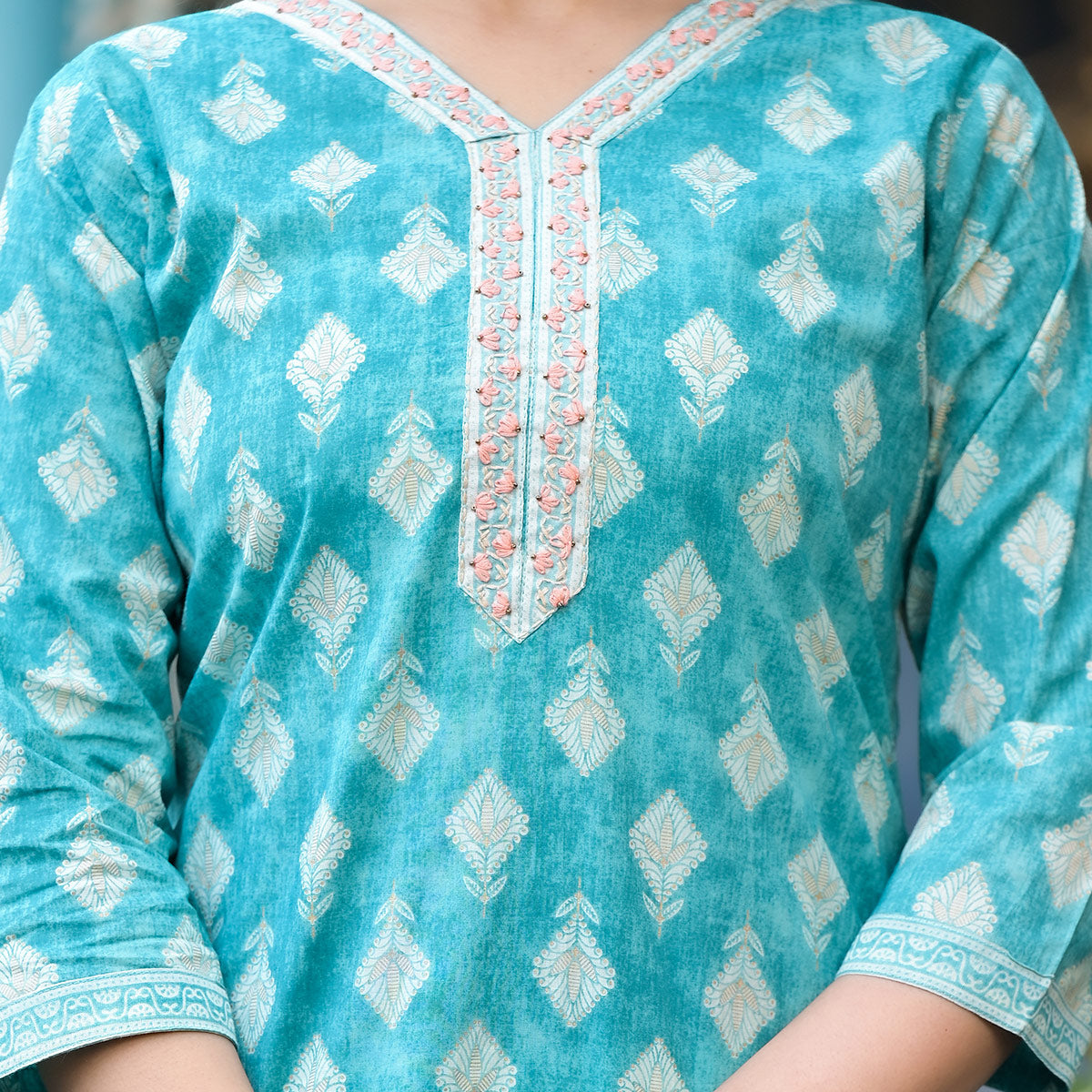 Turquoise Printed Pure Cotton Salwar Suit With Handcrafted