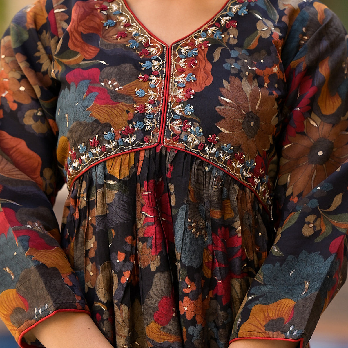 Black Floral Foil Printed Chanderi Silk Sharara Suit