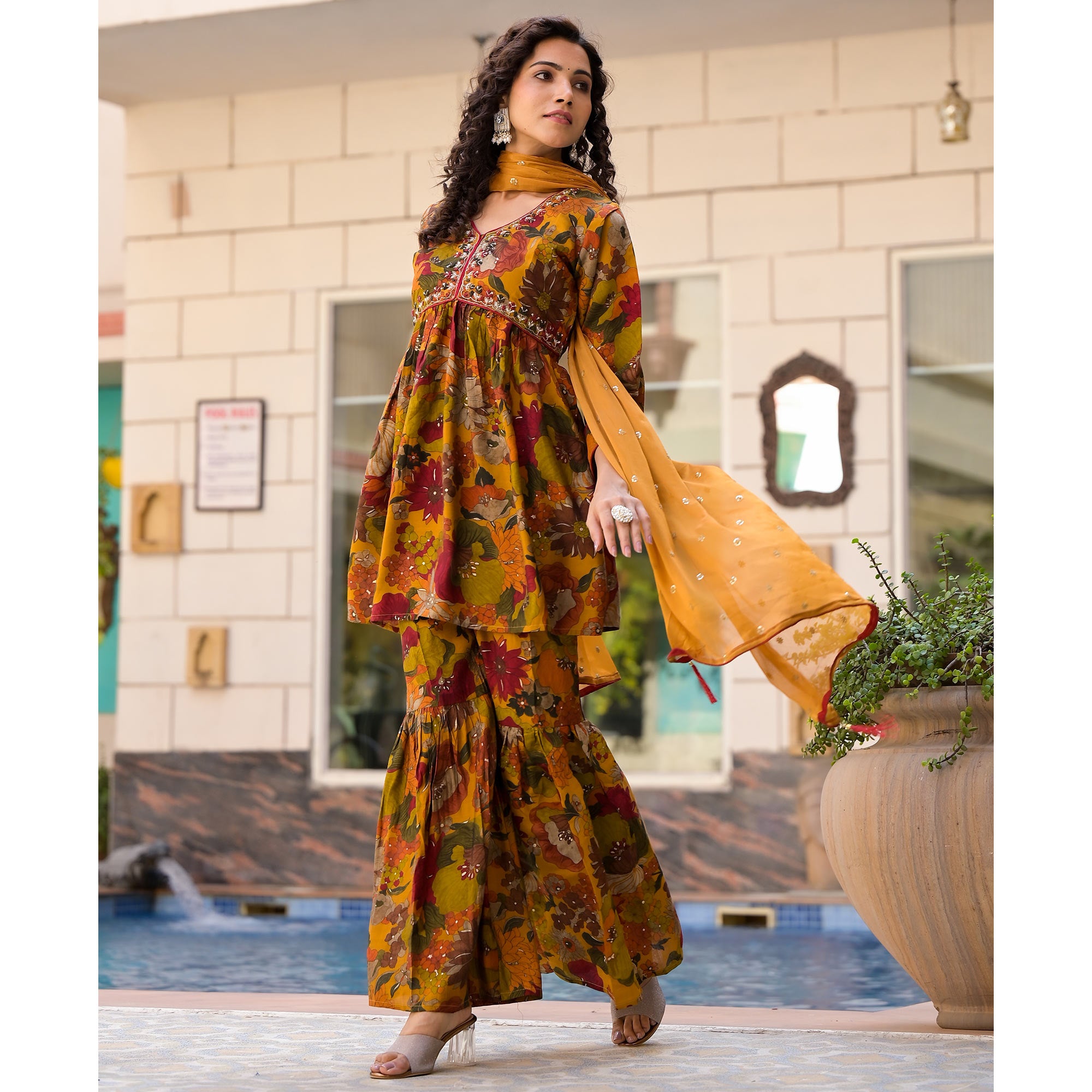 Mustard Floral Foil Printed Chanderi Silk Sharara Suit