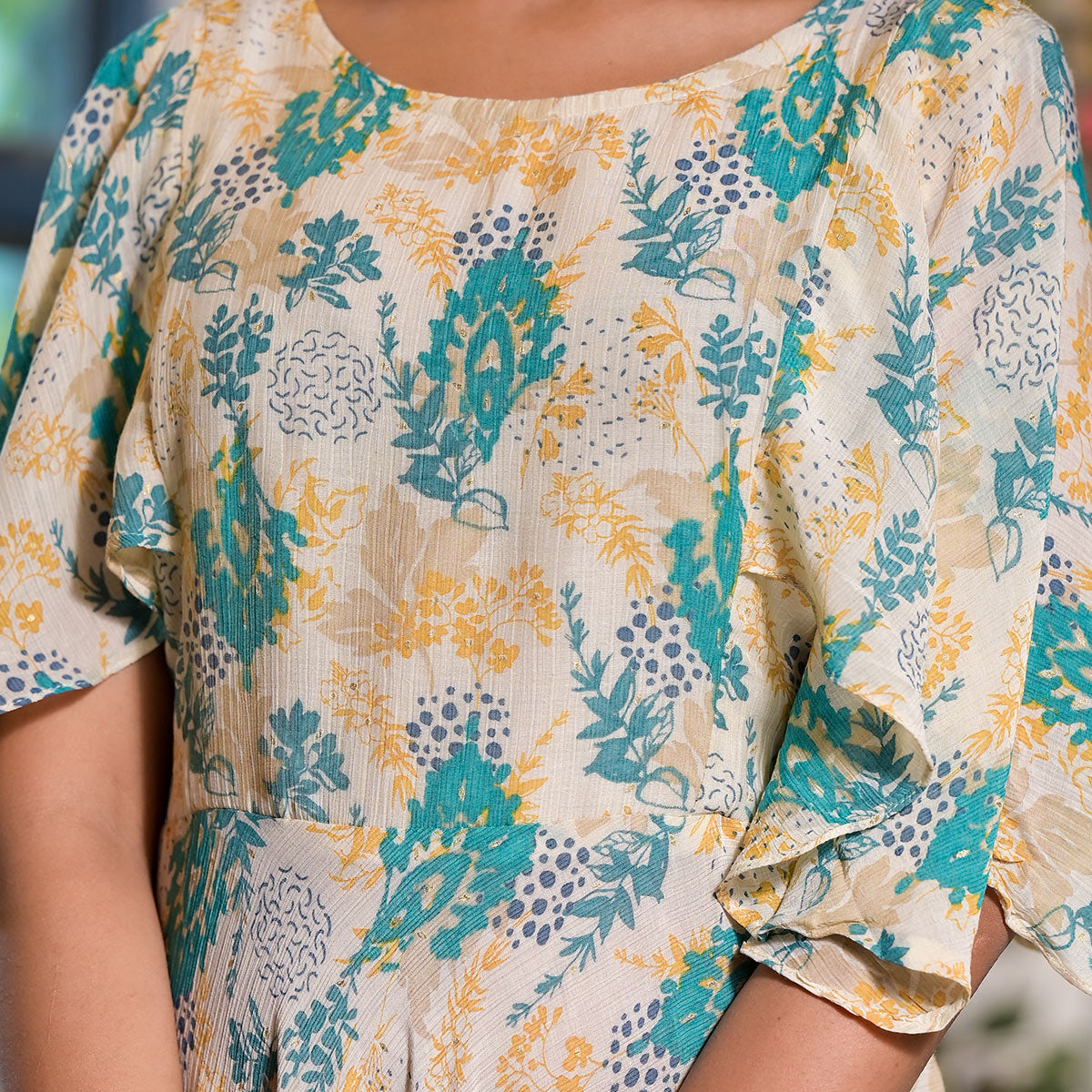 Off White Floral Printed A-Line Chiffon Dress