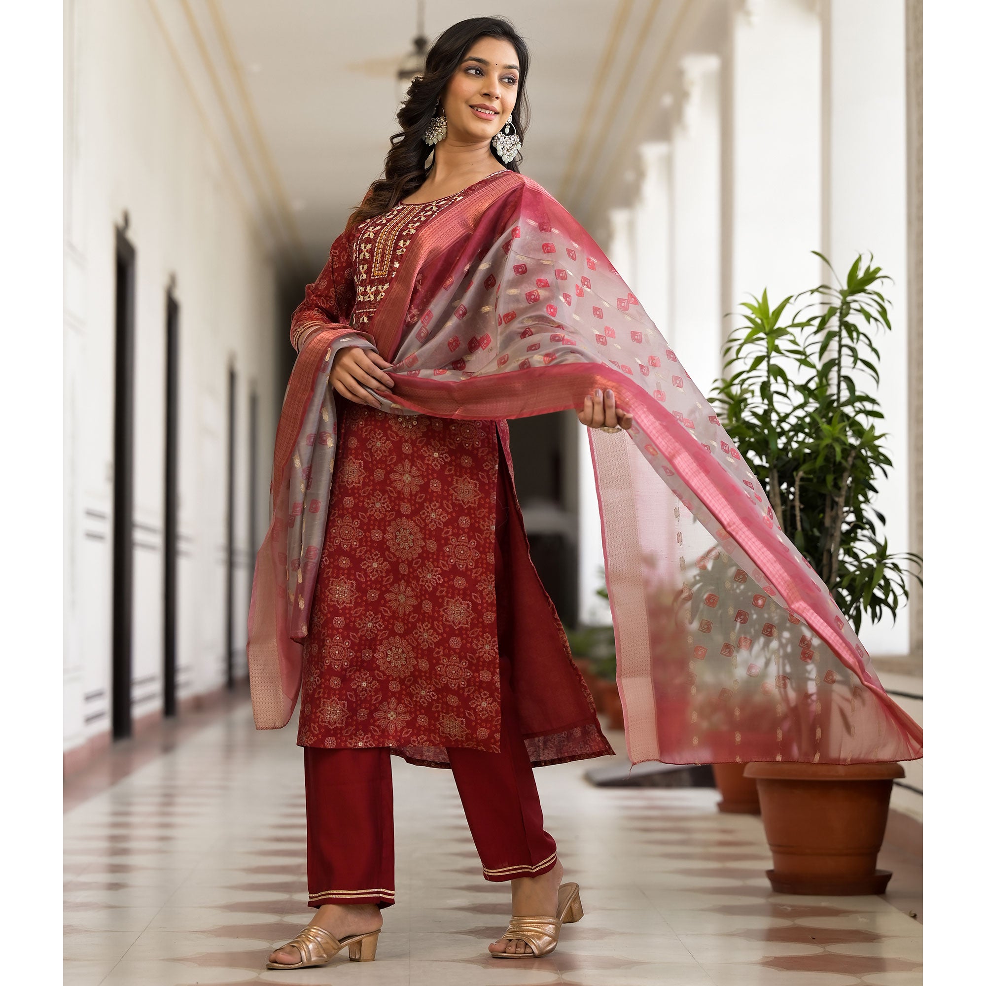 Red Bandhani Printed Chanderi Silk Straight Salwar Suit