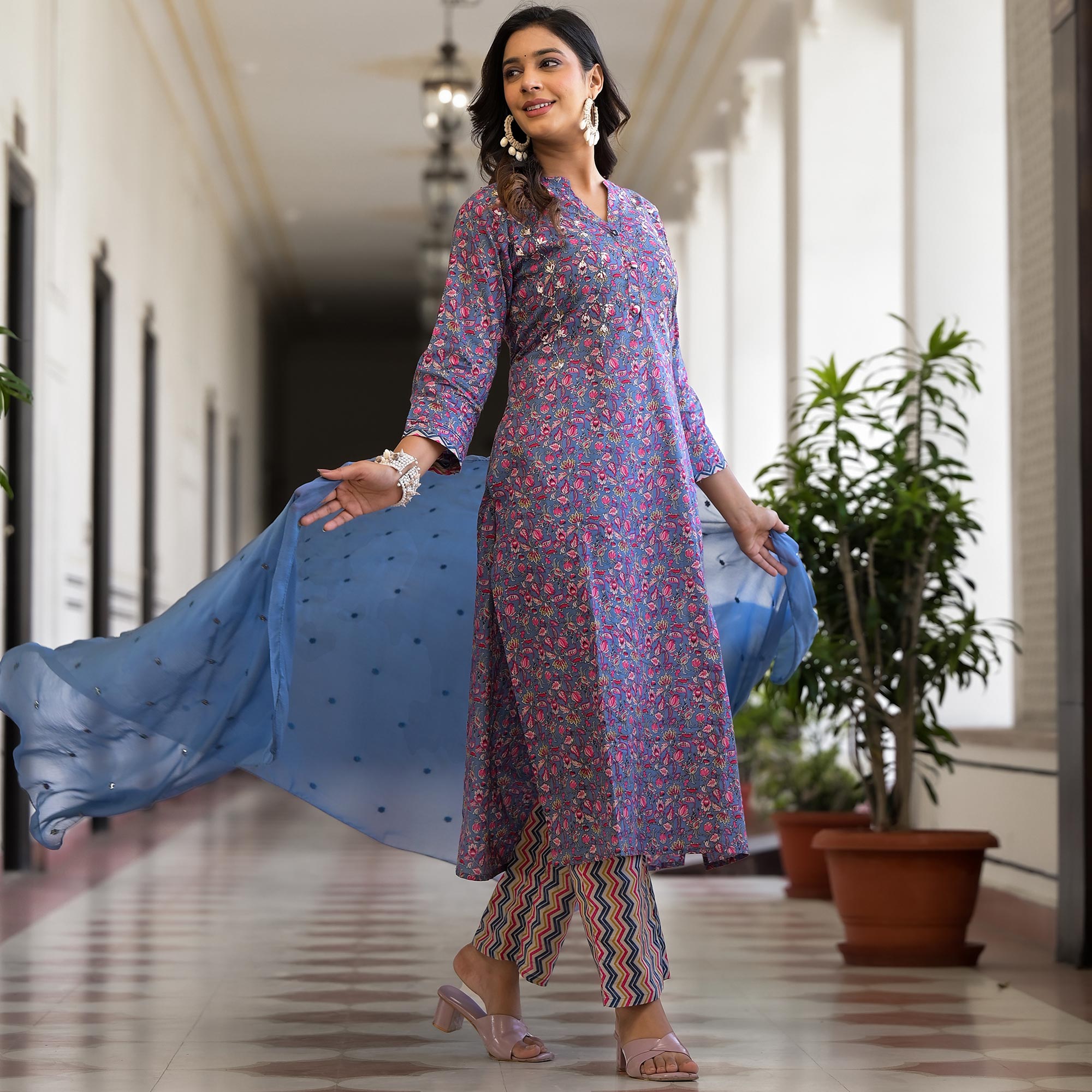 Blue Floral Printed Pure Cotton Straight Salwar Suit