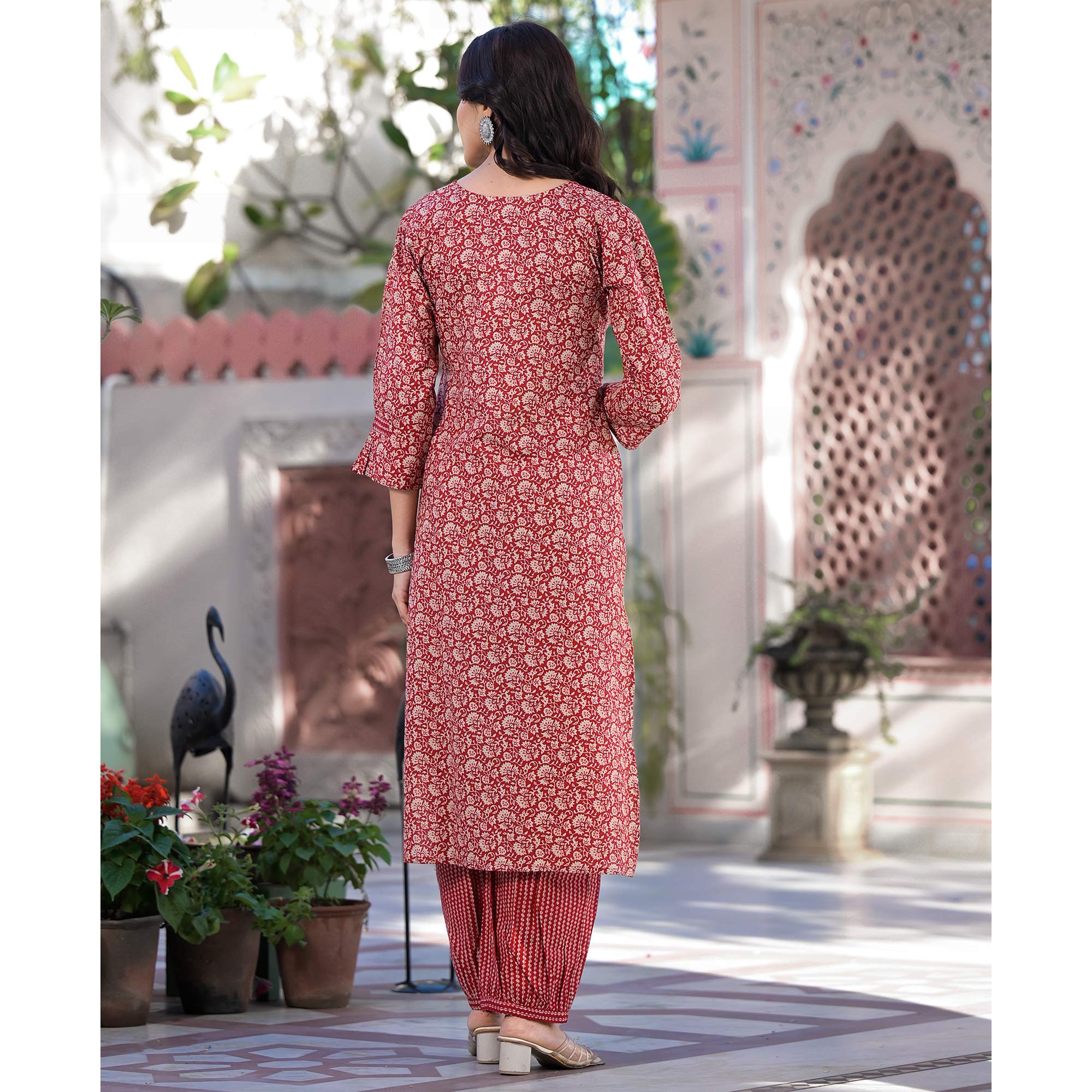 Red Floral Printed Pure Cotton Kurti