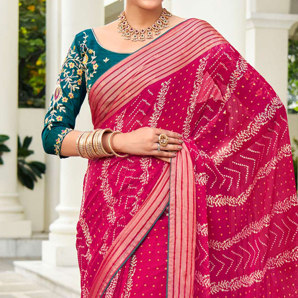 Pink Bandhani Printed Chiffon Saree With Tassels