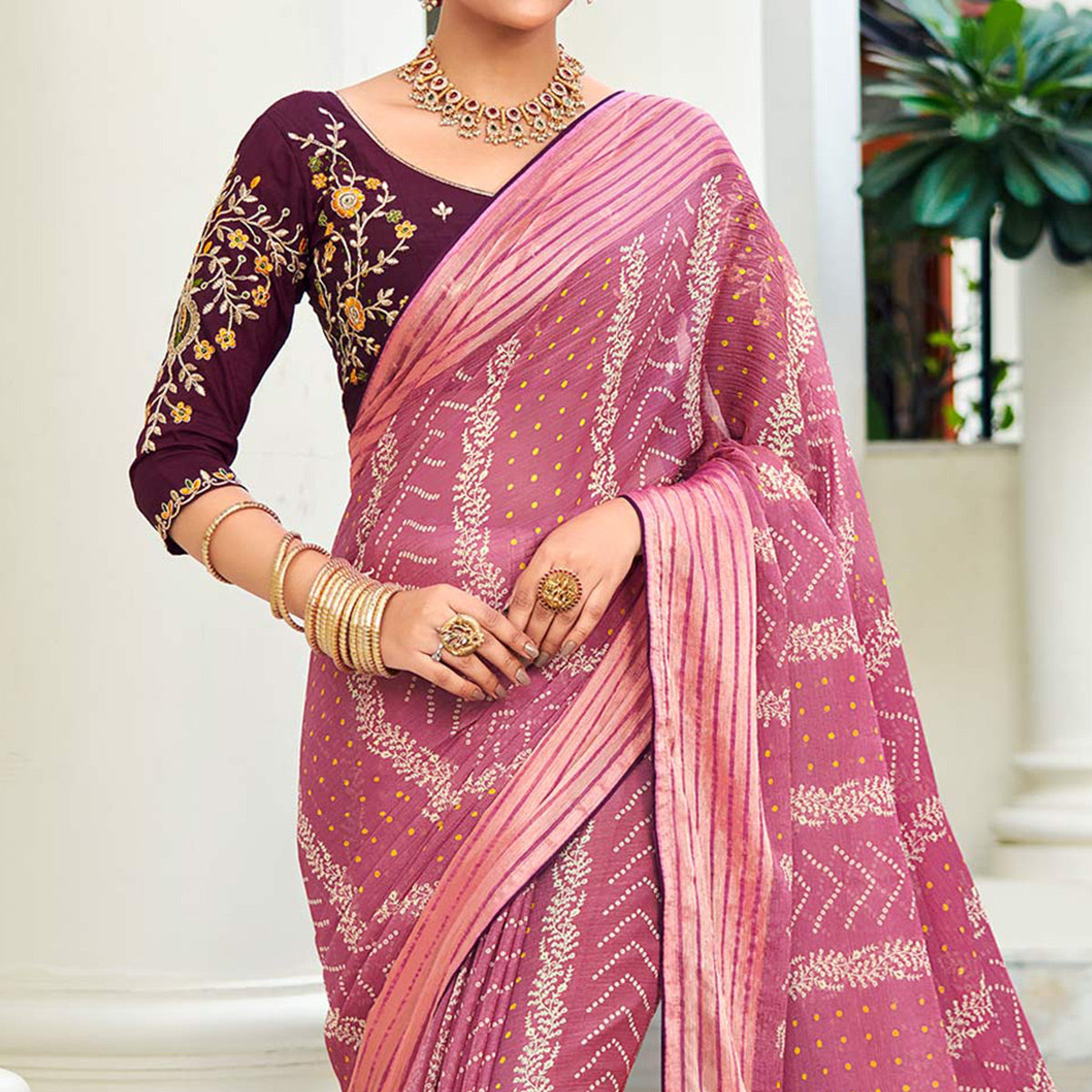 Onion Pink Bandhani Printed Chiffon Saree With Tassels