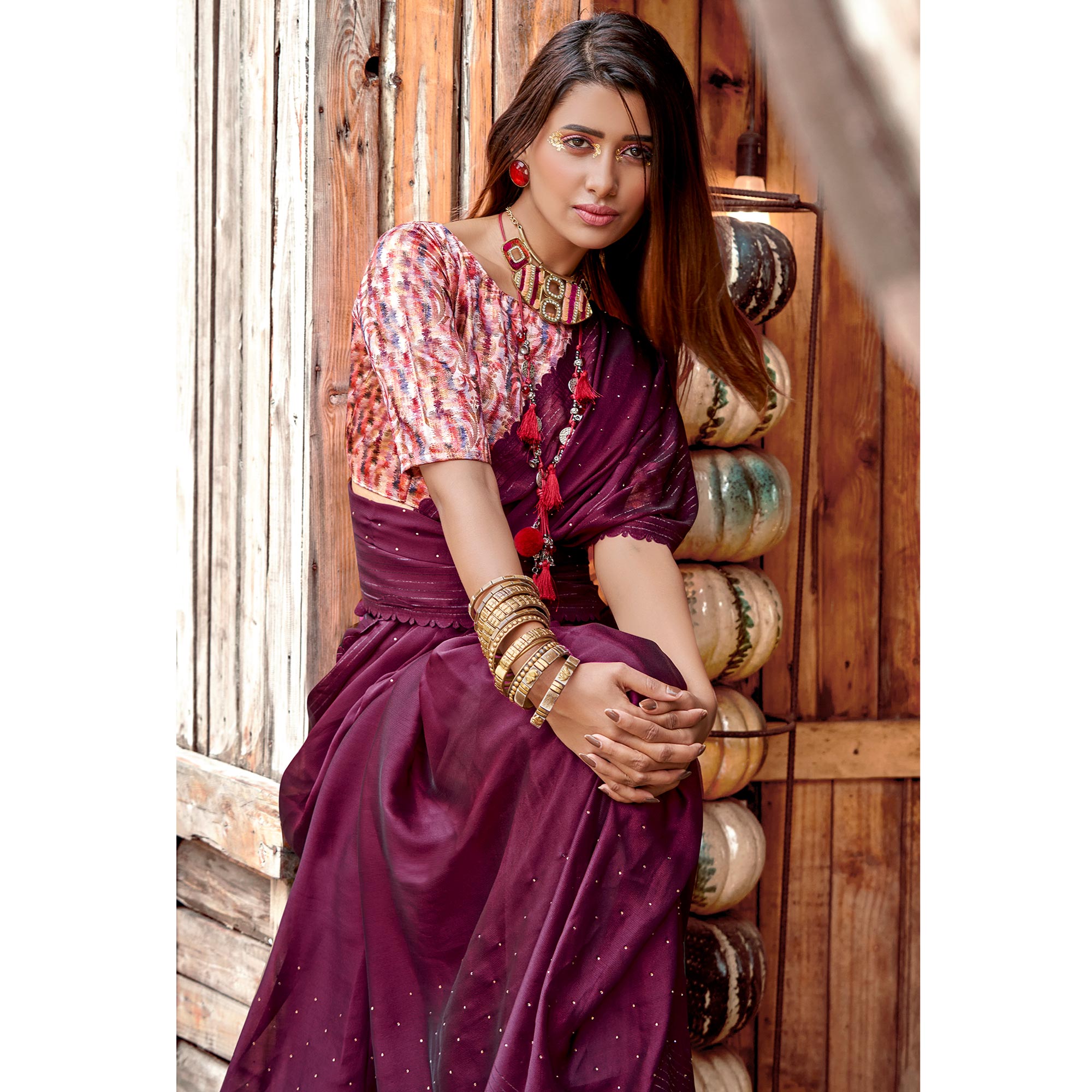 Wine Swarovski Work Solid Chiffon Saree