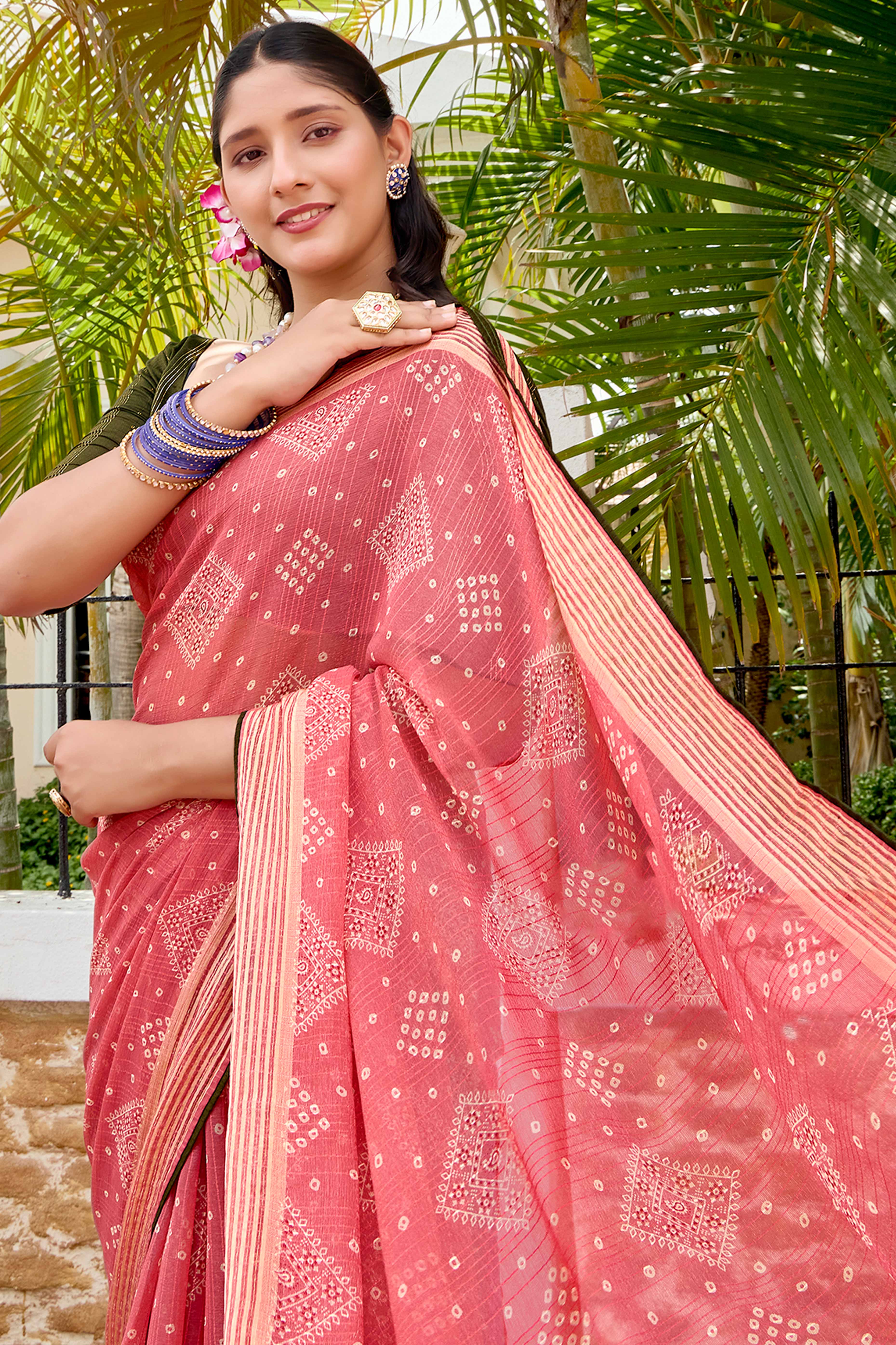 Elegant Peach Bandhani Printed Saree in Lightweight Shimmer Chiffon Fabric