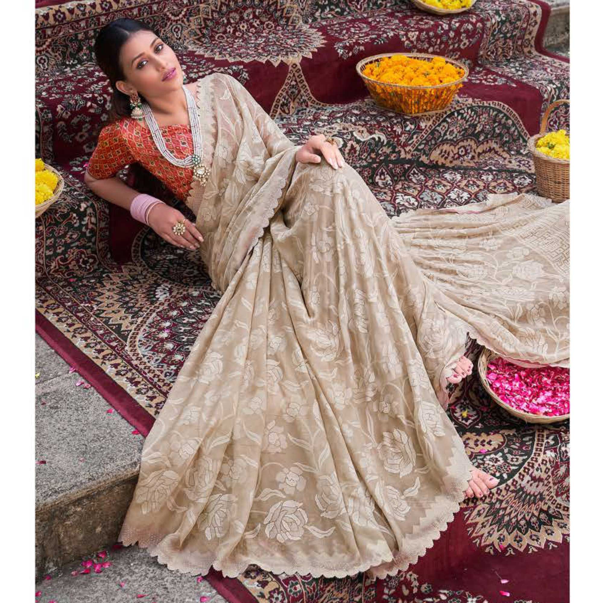 Beige Woven With Swarovski Work Brasso Saree