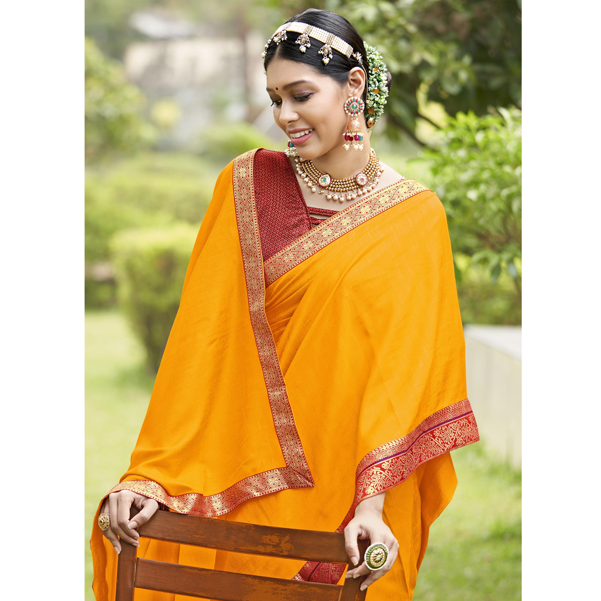Yellow Solid Vichitra Silk Saree With Jacquard Border