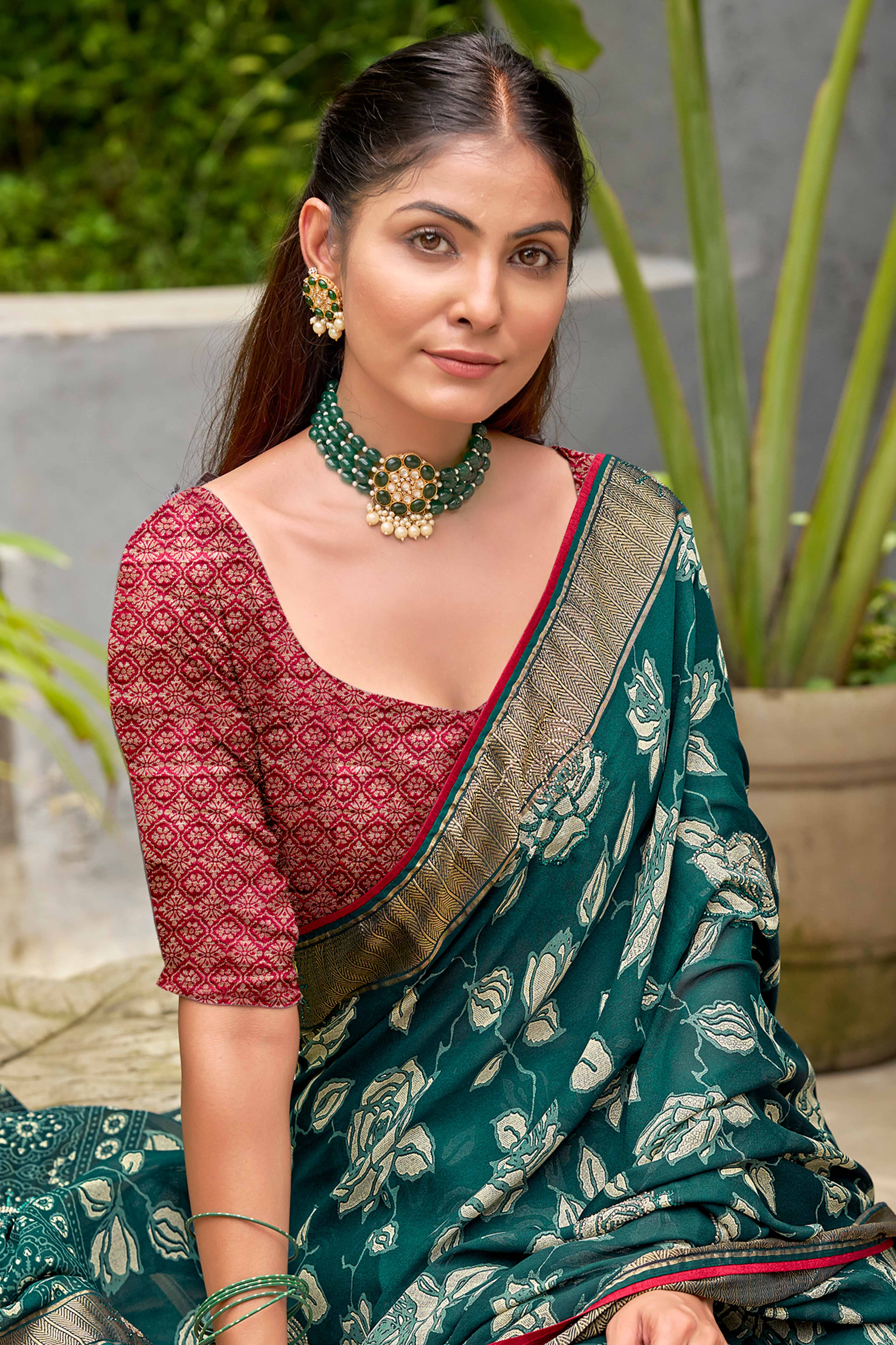 Morpich Green Moss Crepe Saree with Elegant Floral Prints