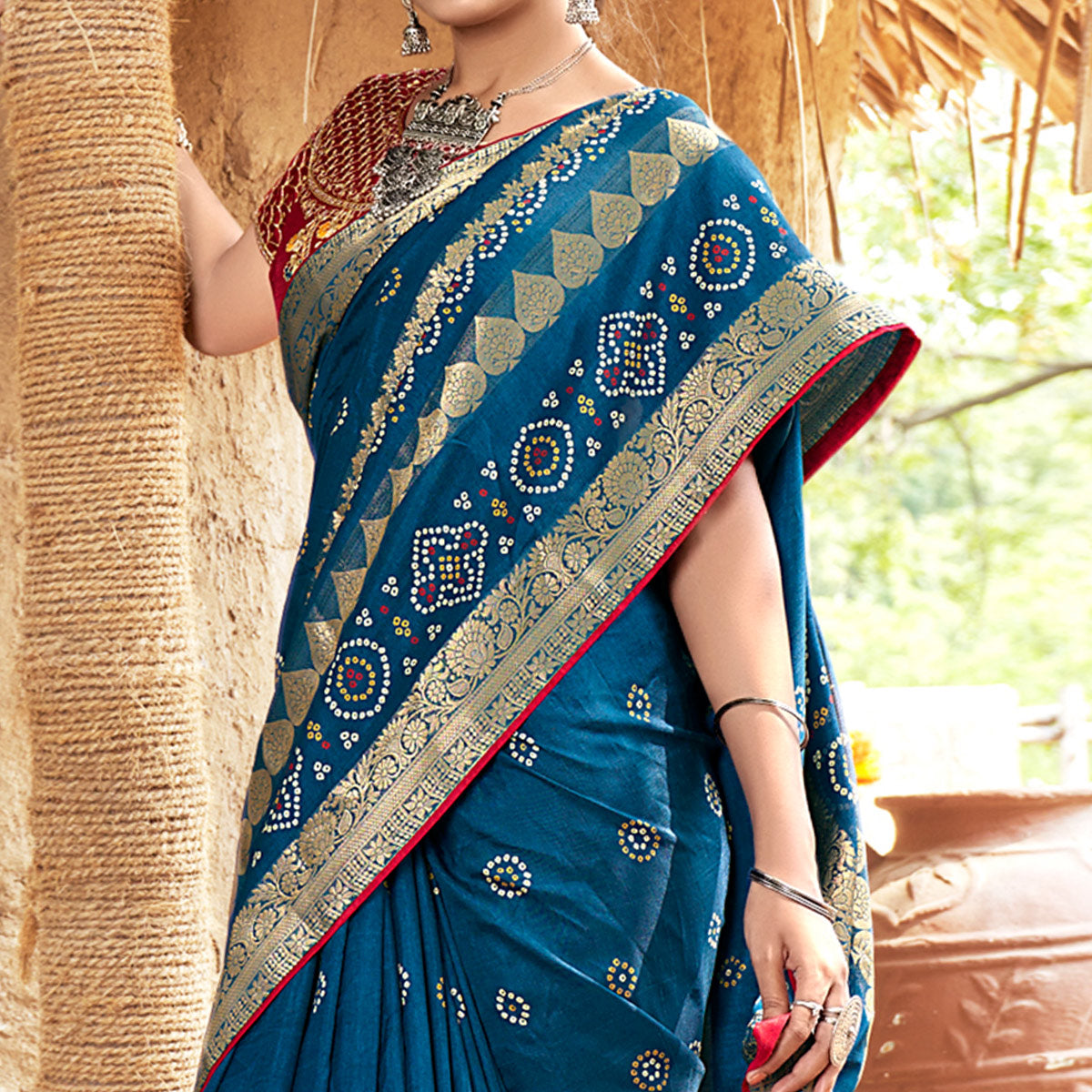 Blue Bandhani Printed Pure Silk Saree
