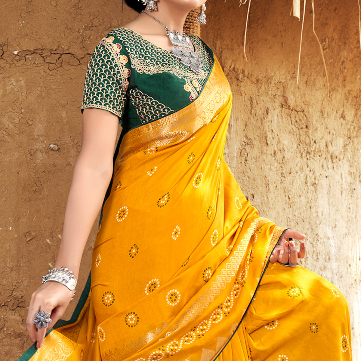 Yellow Bandhani Printed Pure Silk Saree