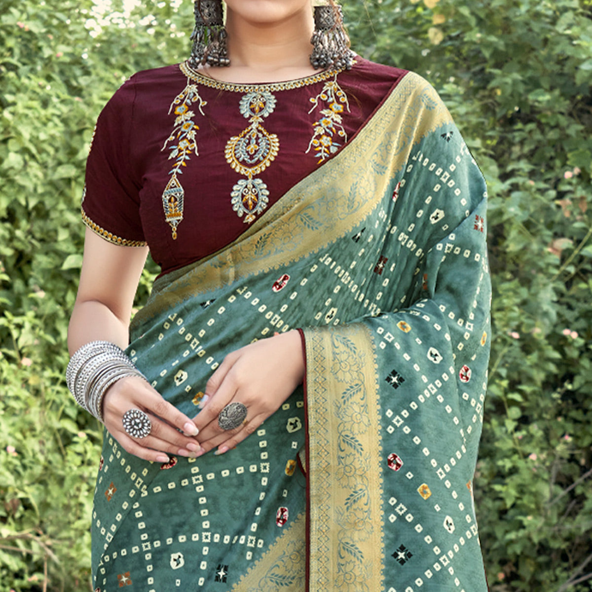 Green Bandhani Printed Dola Silk Saree