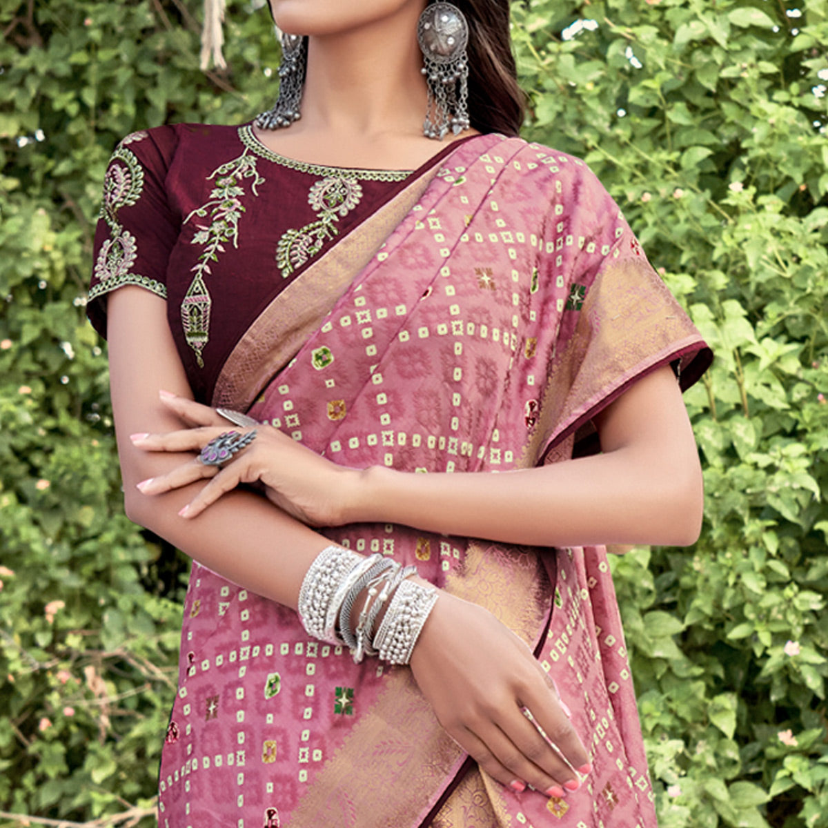 Pink Bandhani Printed Dola Silk Saree