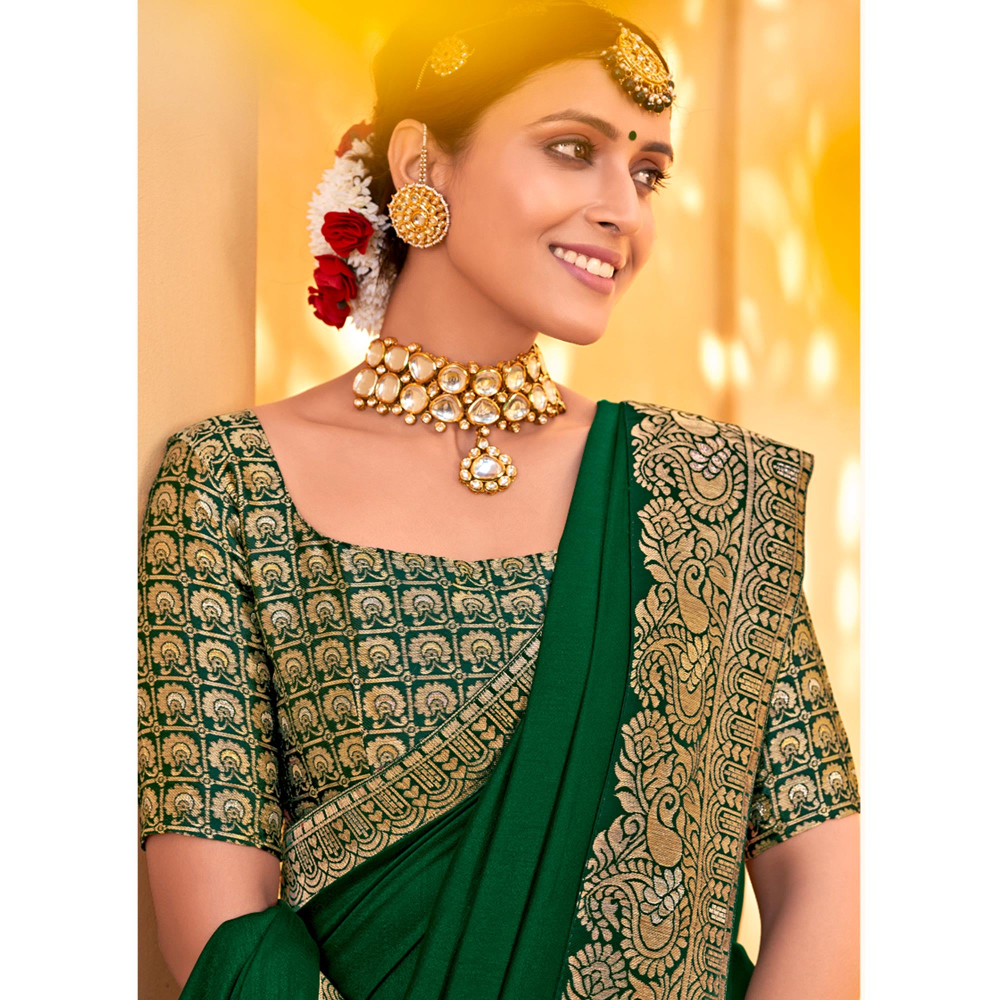 Green Solid With Jacquard Border Vichitra Silk Saree