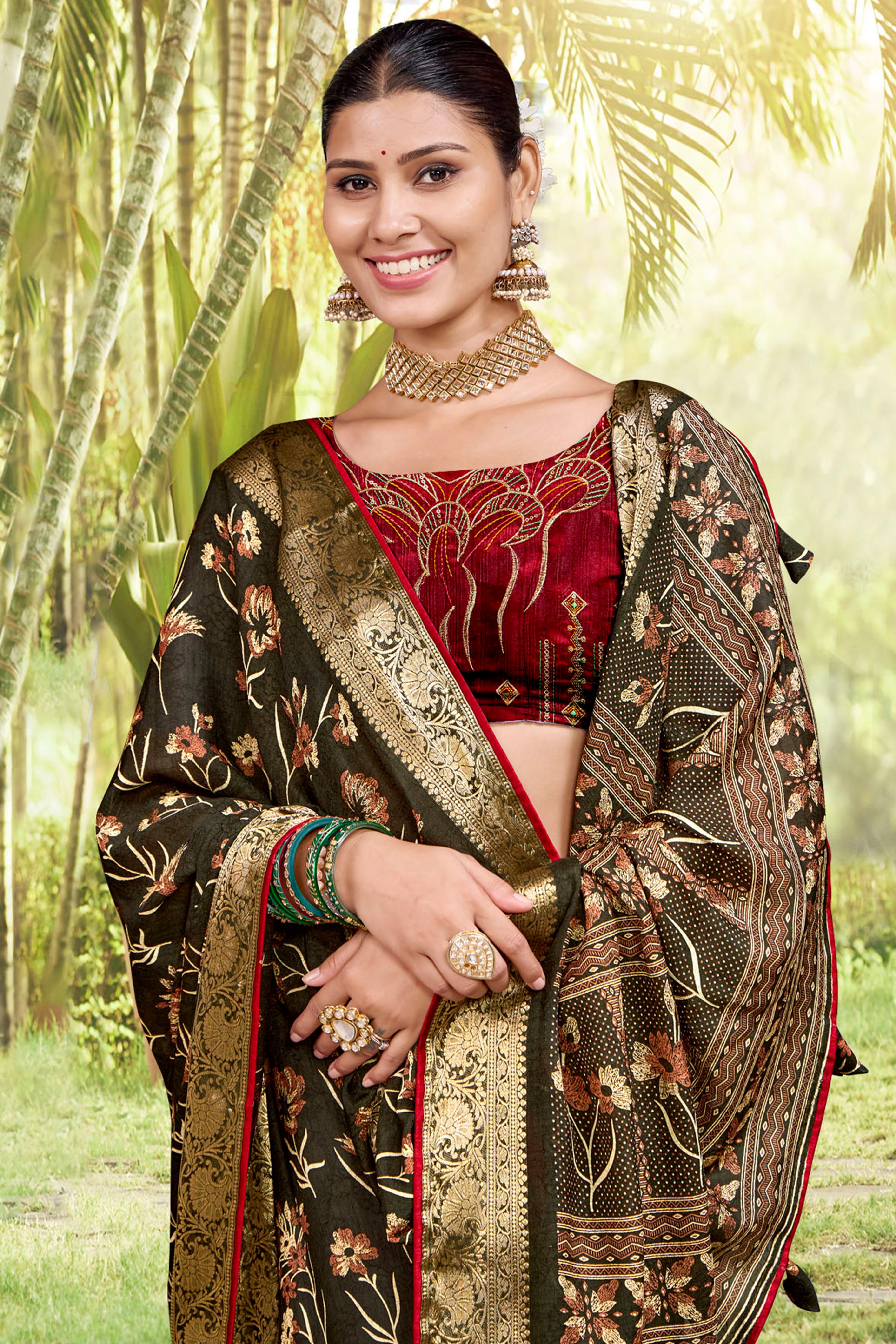 Mehendi Green Floral Printed Saree in Jacquard Weave with Zari Detailing