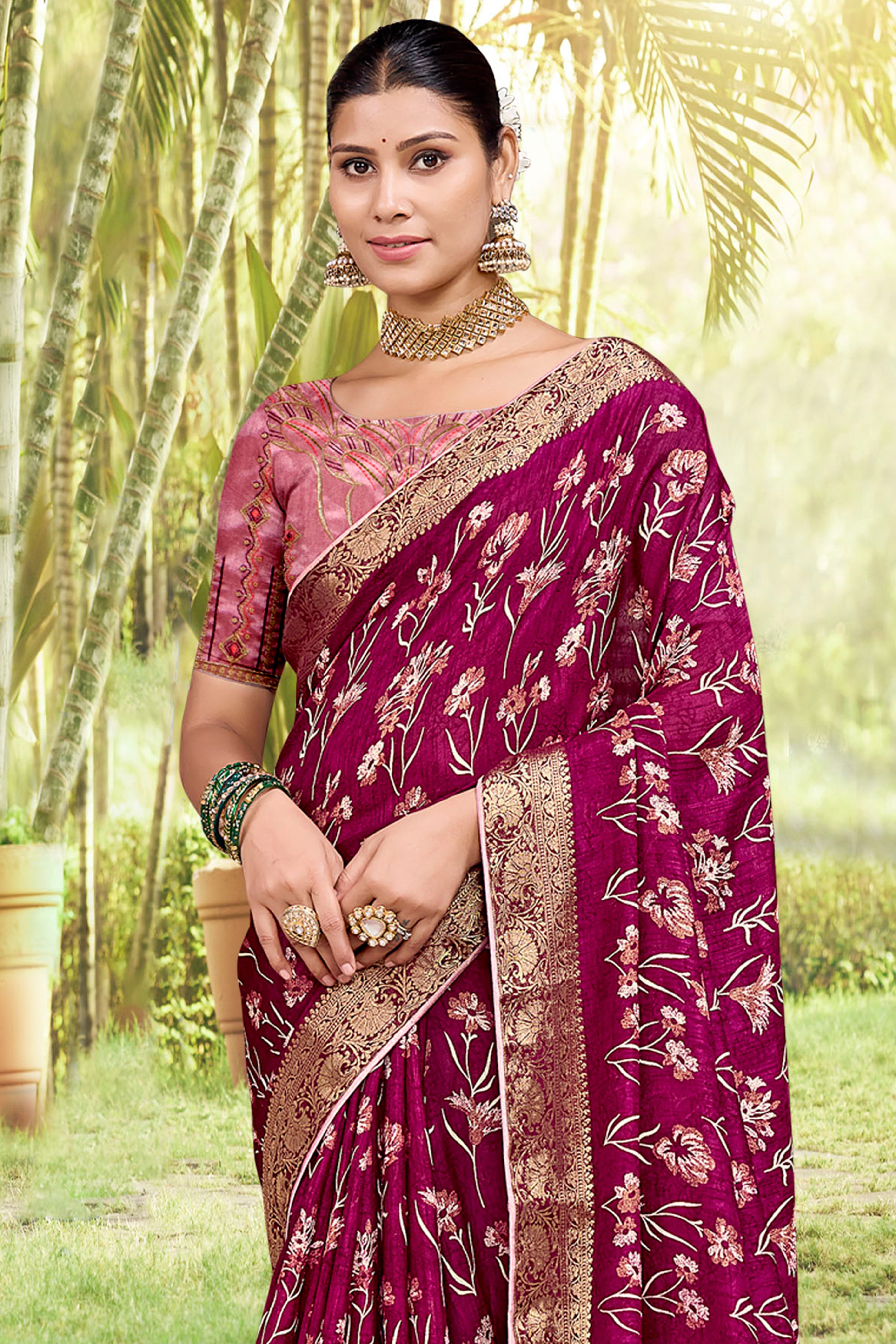 Magenta Floral Printed Saree in Jacquard Weave with Zari Detailing