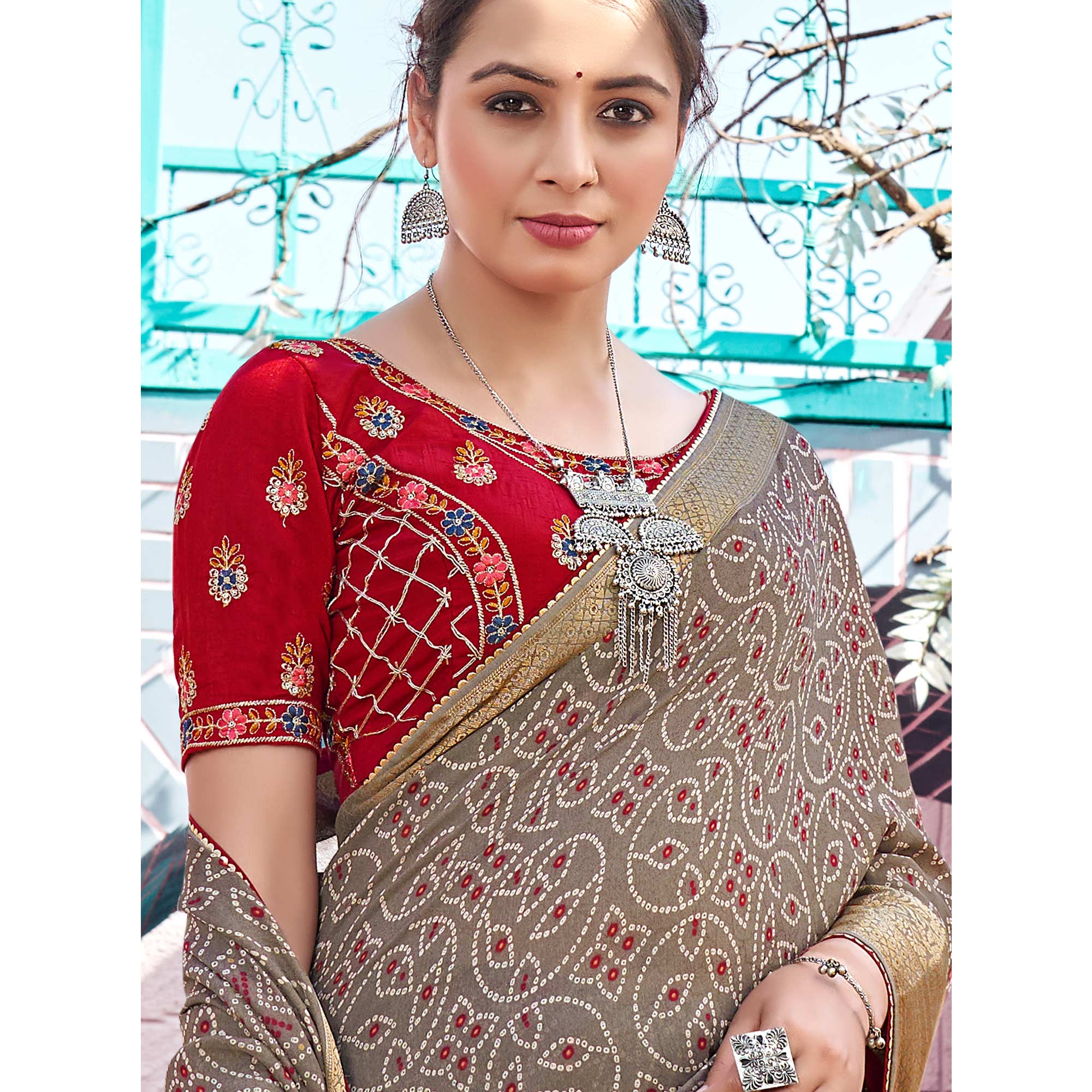 Brown Bandhani Printed Georgette Saree