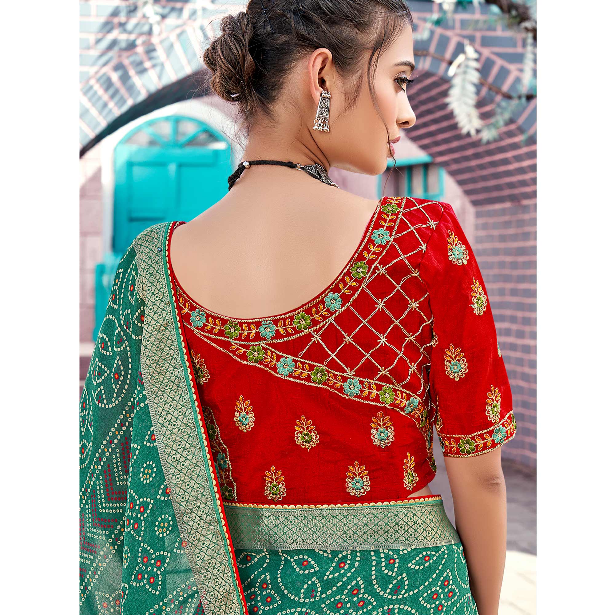 Rama Green Bandhani Printed Georgette Saree