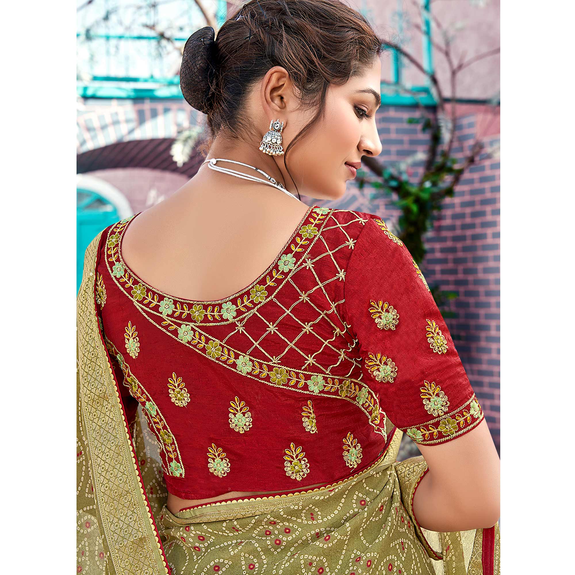 Olive Bandhani Printed Georgette Saree