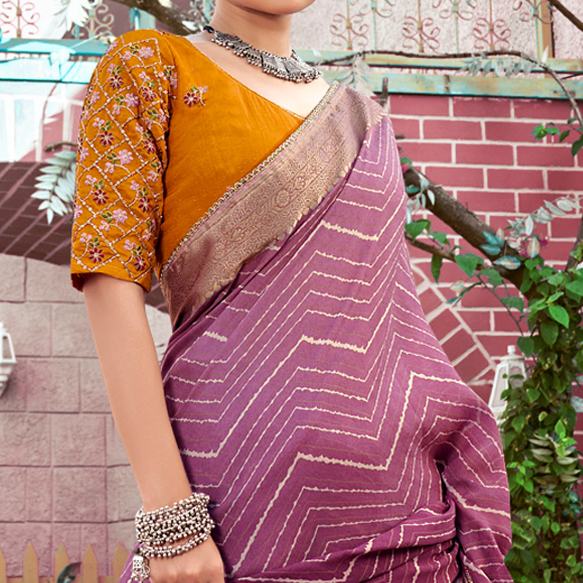 Purple Leheriya Printed Georgette Saree With Jacquard Border
