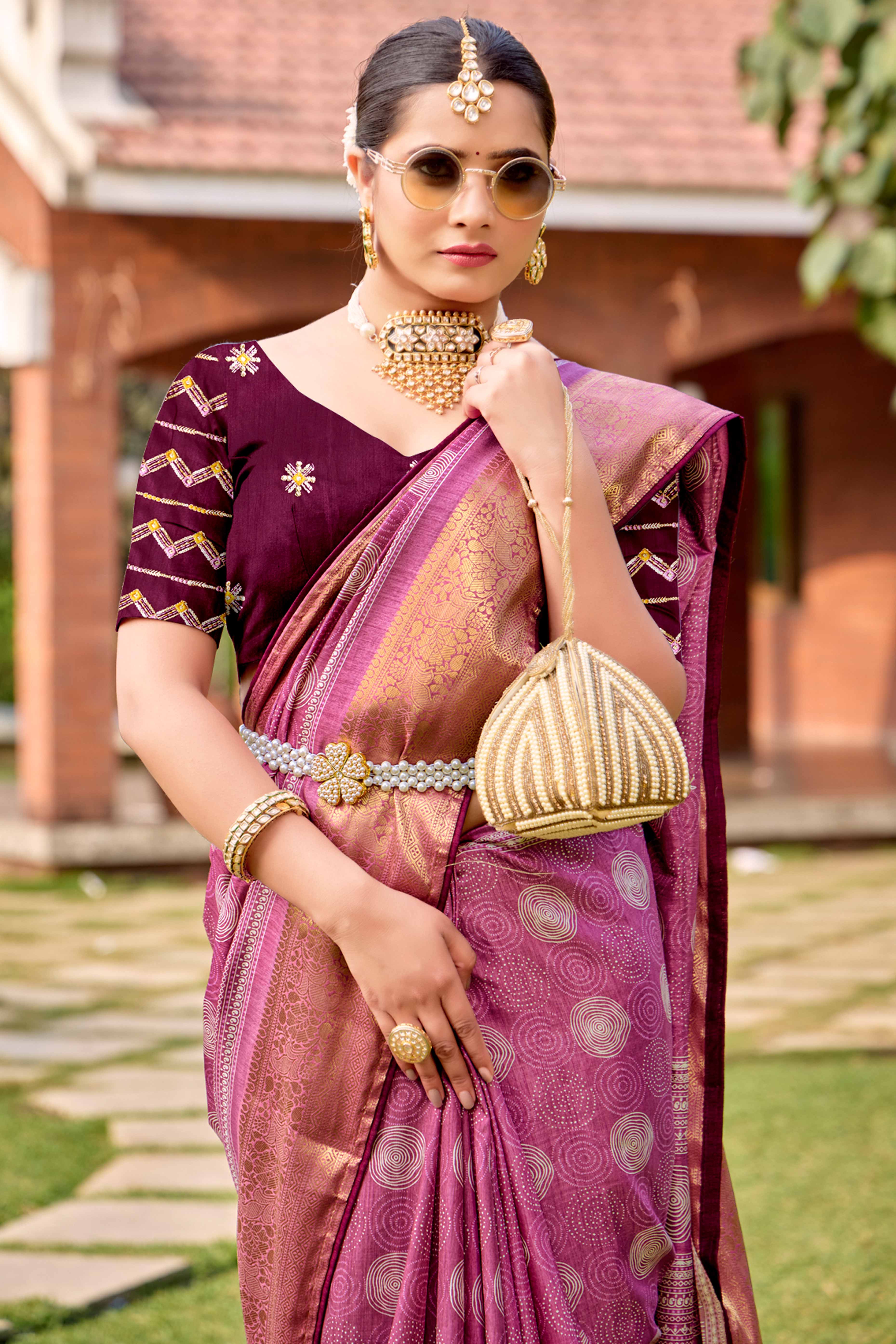 Pink Printed Dola Silk Saree With Ornate Zari Border & Tassel Pallu