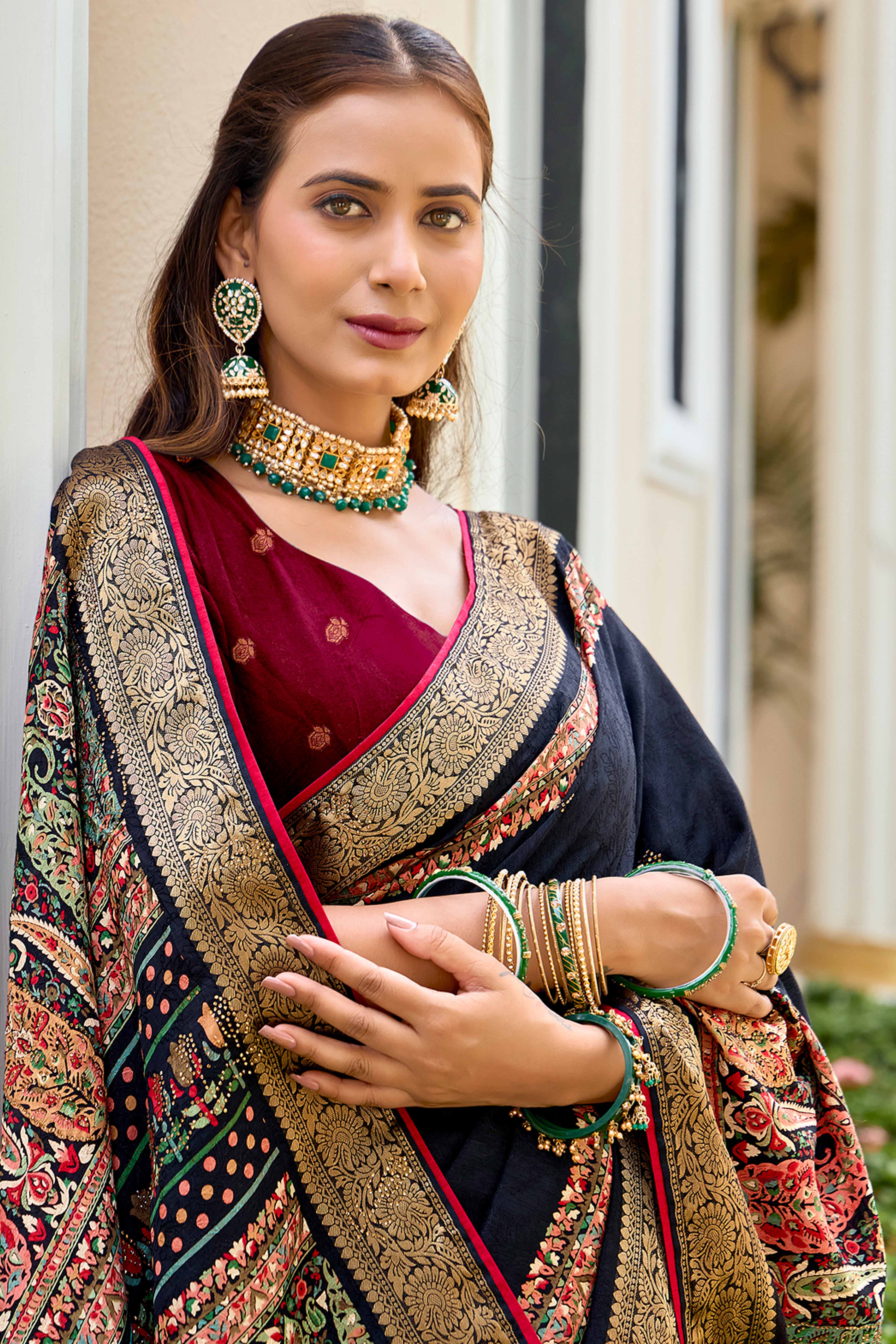 Black Silk Blend Saree with Paisley Prints and Swarovski Embellishments