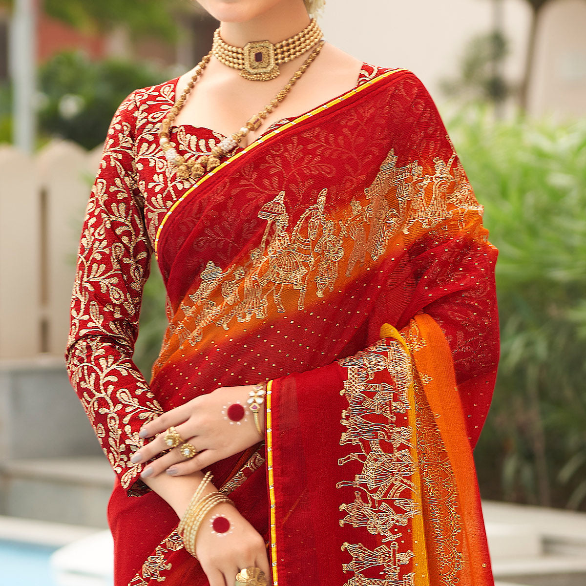 Red & Yellow Foil Printed Chiffon Saree