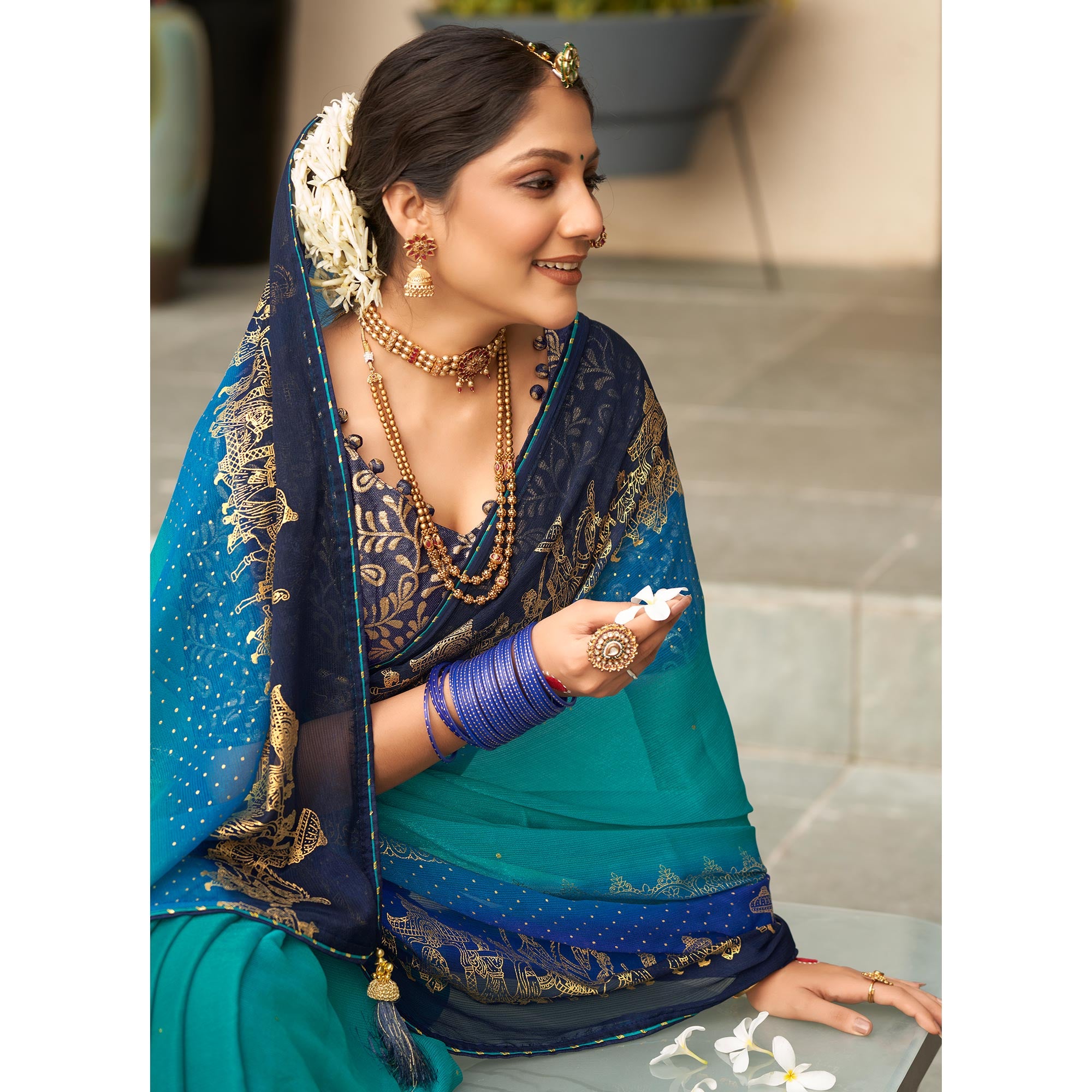 Blue Foil Printed Chiffon Saree