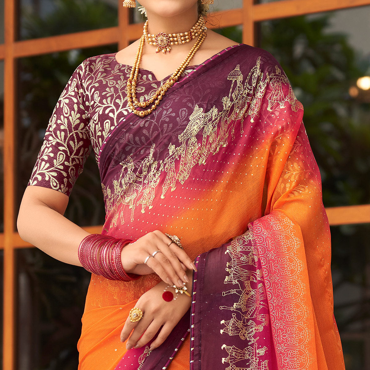 Orange & Wine Foil Printed Chiffon Saree