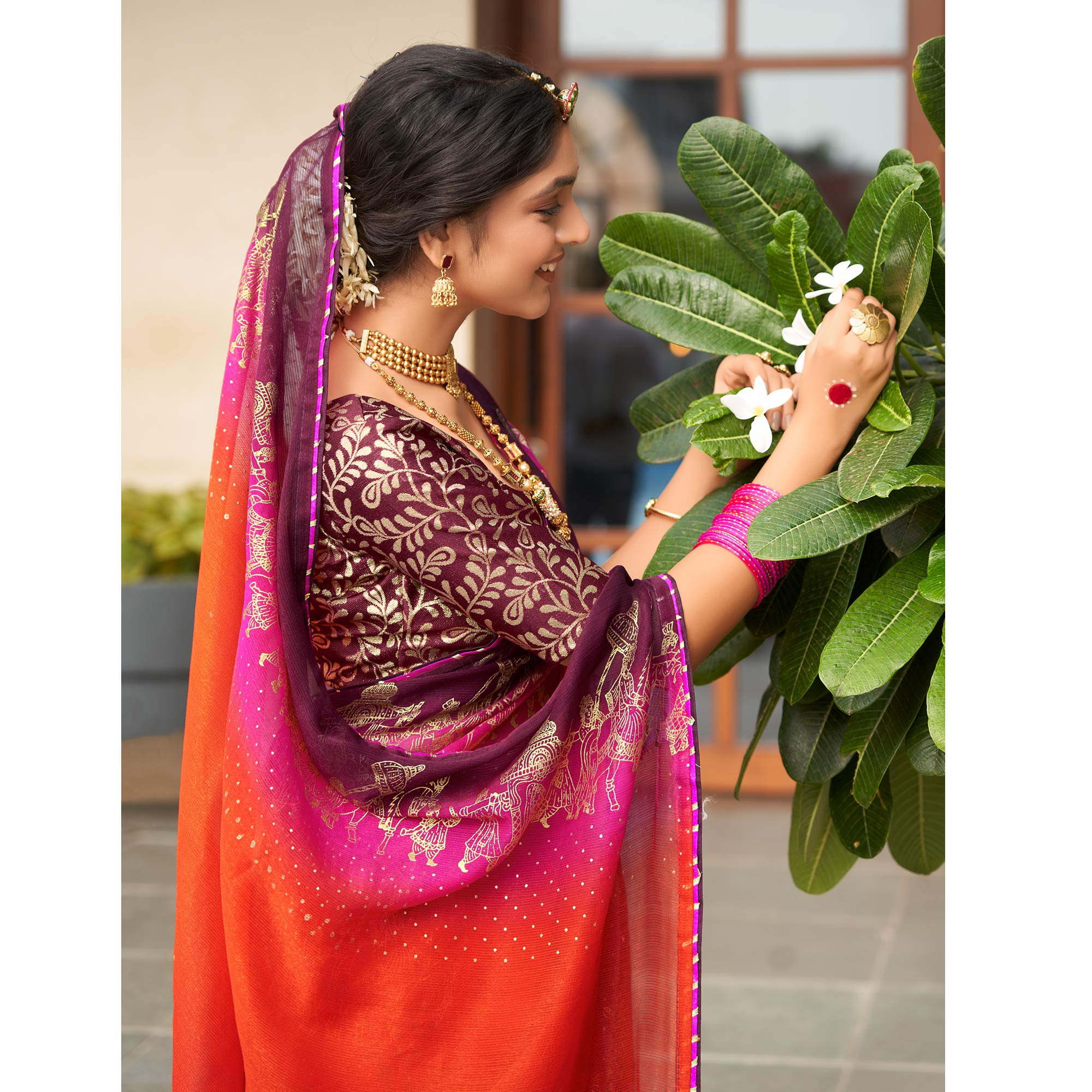 Red & Rani Pink Foil Printed Chiffon Saree