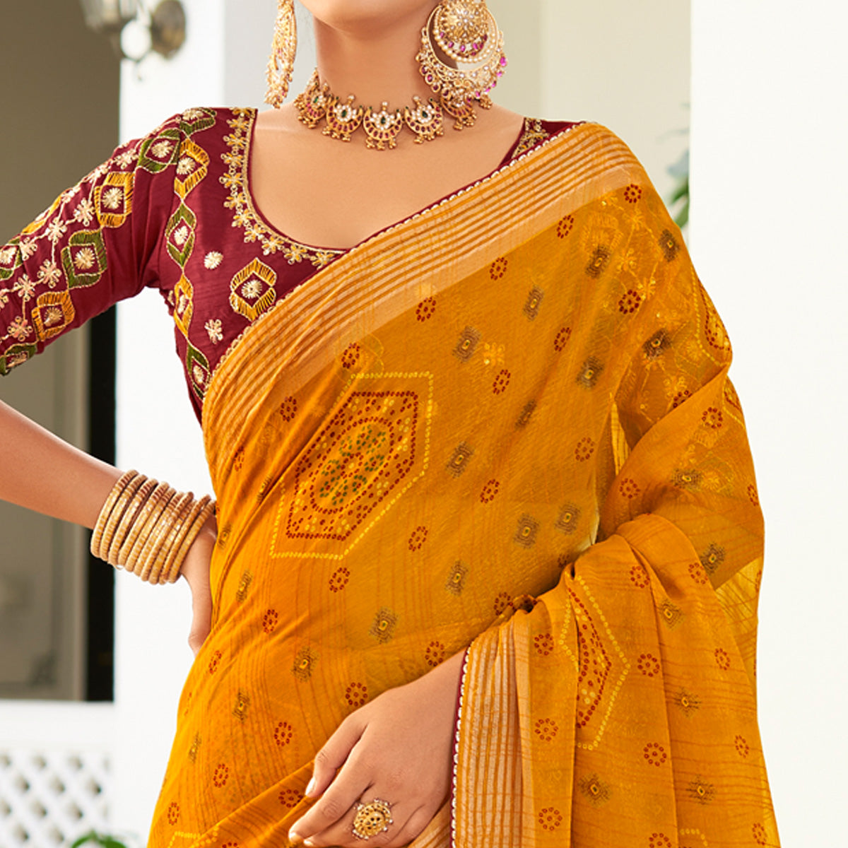 Mustard Bandhani Printed Chiffon Saree With Tassels