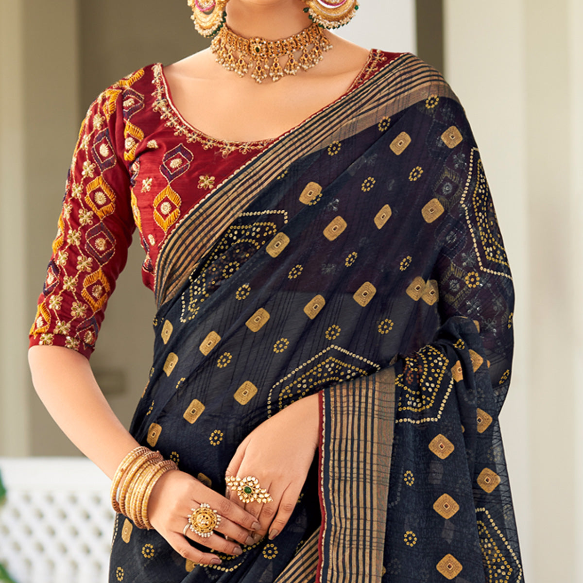 Blue Bandhani Printed Chiffon Saree With Tassels