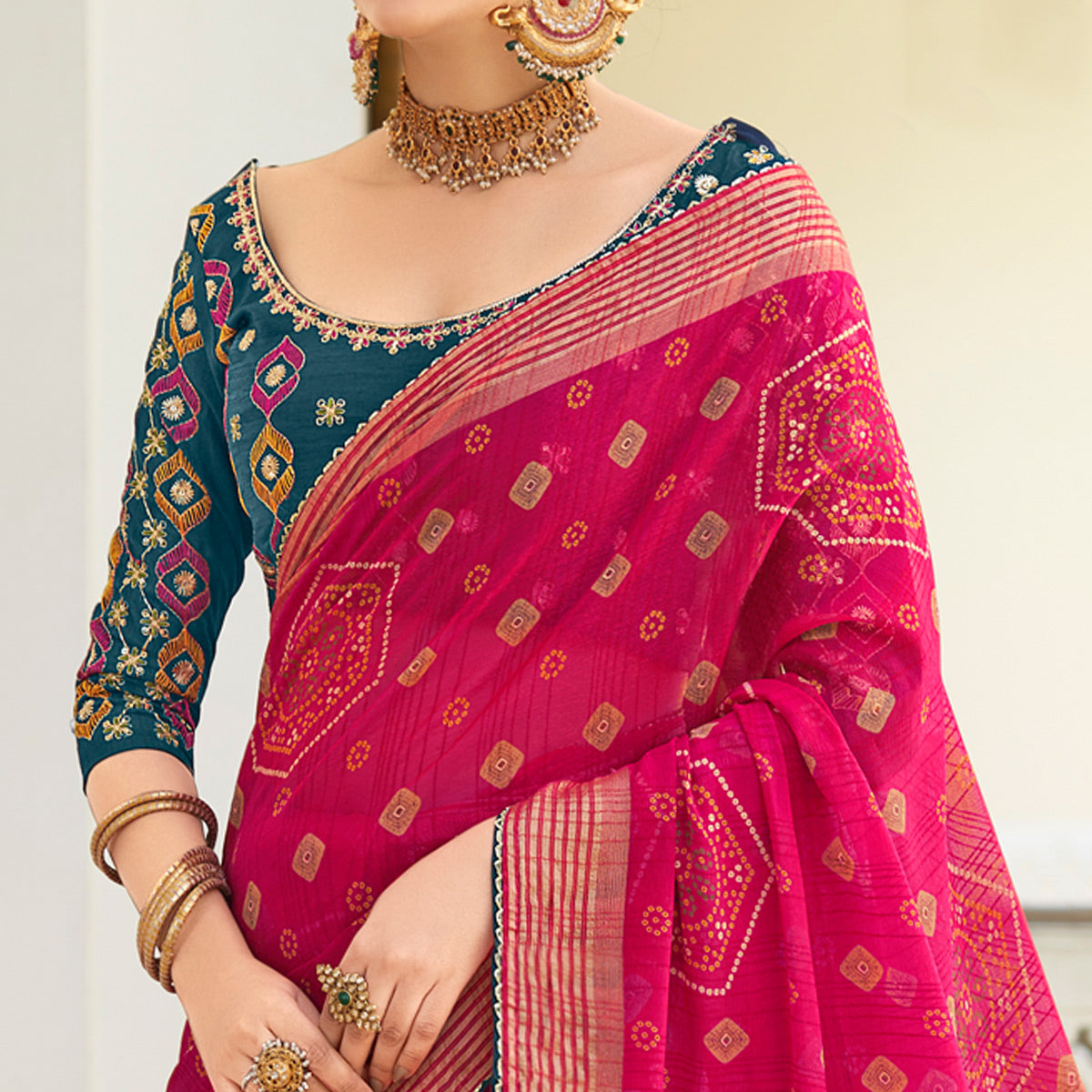 Pink Bandhani Printed Chiffon Saree With Tassels