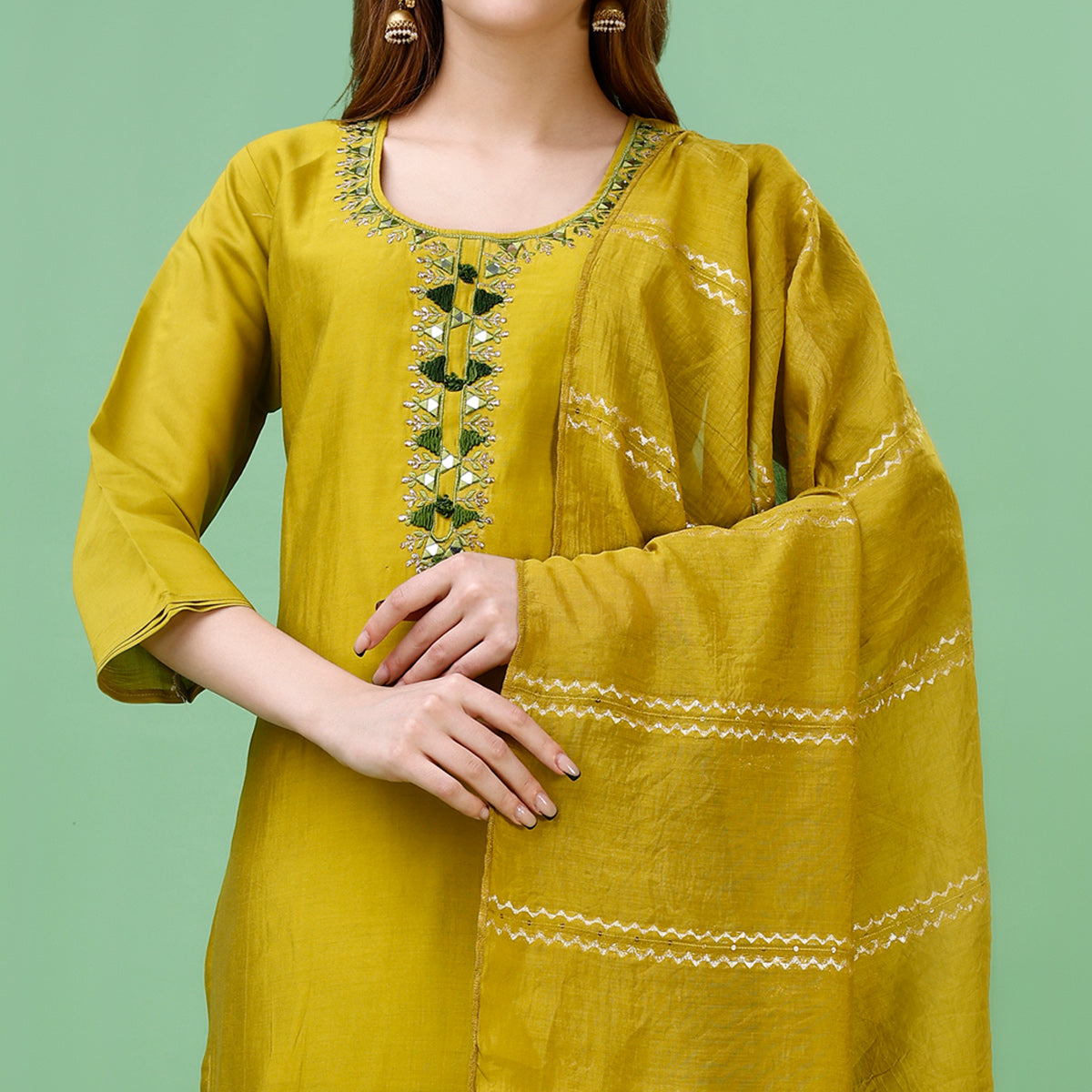 Mehendi Green Mirror Embroidered Viscose Salwar Suit