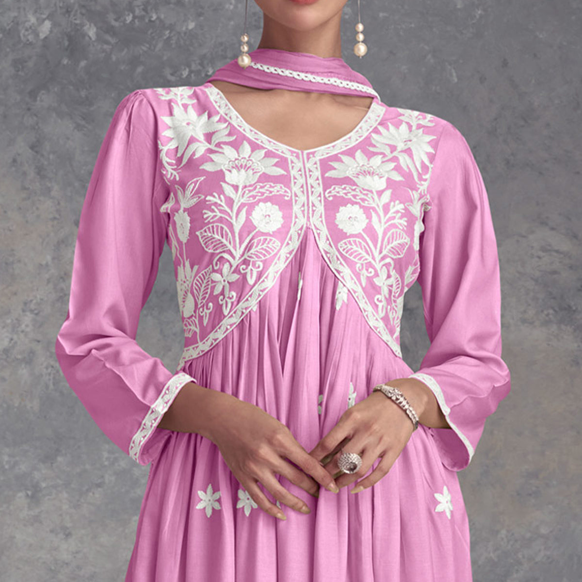 Pink Floral Embroidered Rayon Salwar Suit