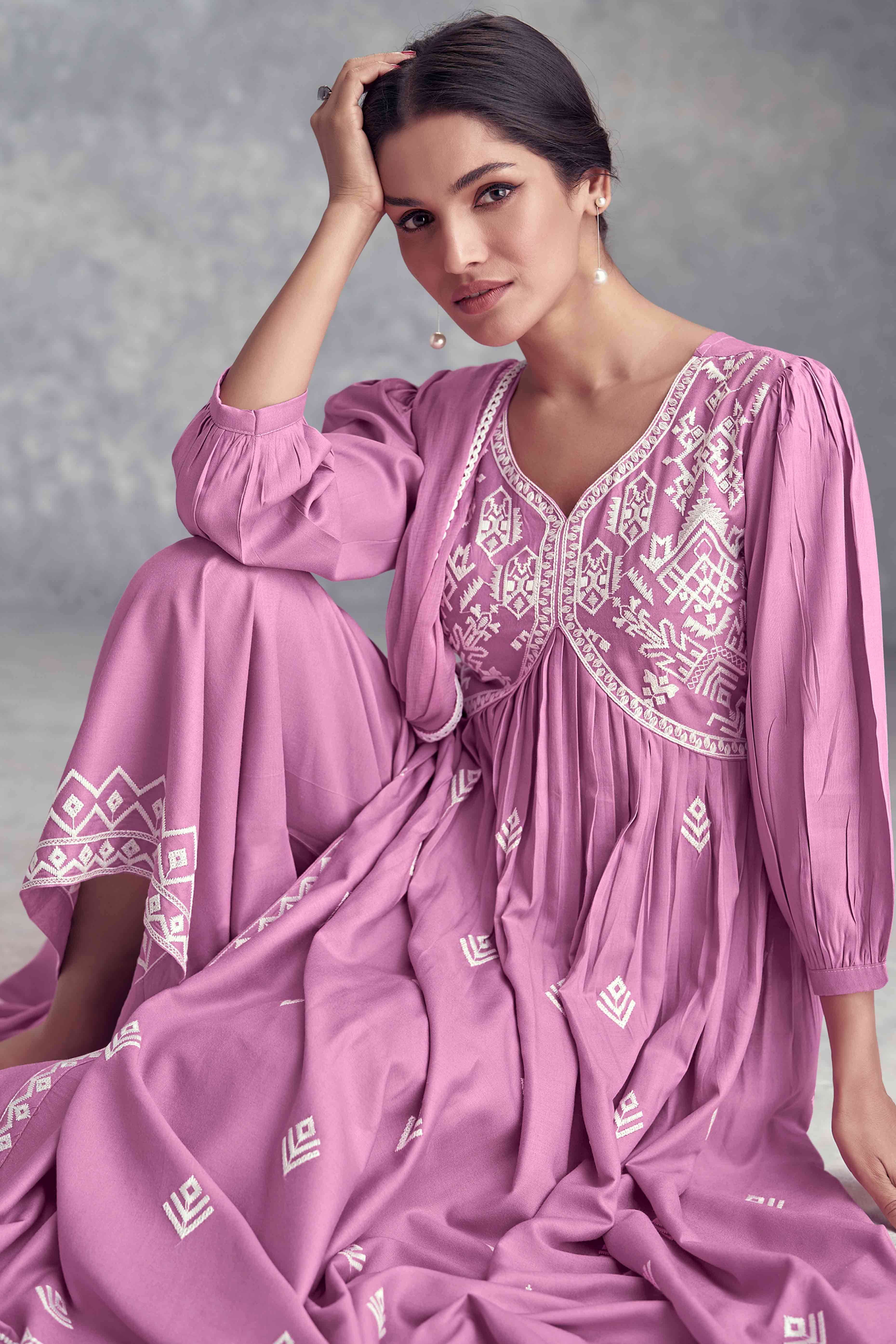 Pink Floral Embroidered Rayon Salwar Suit