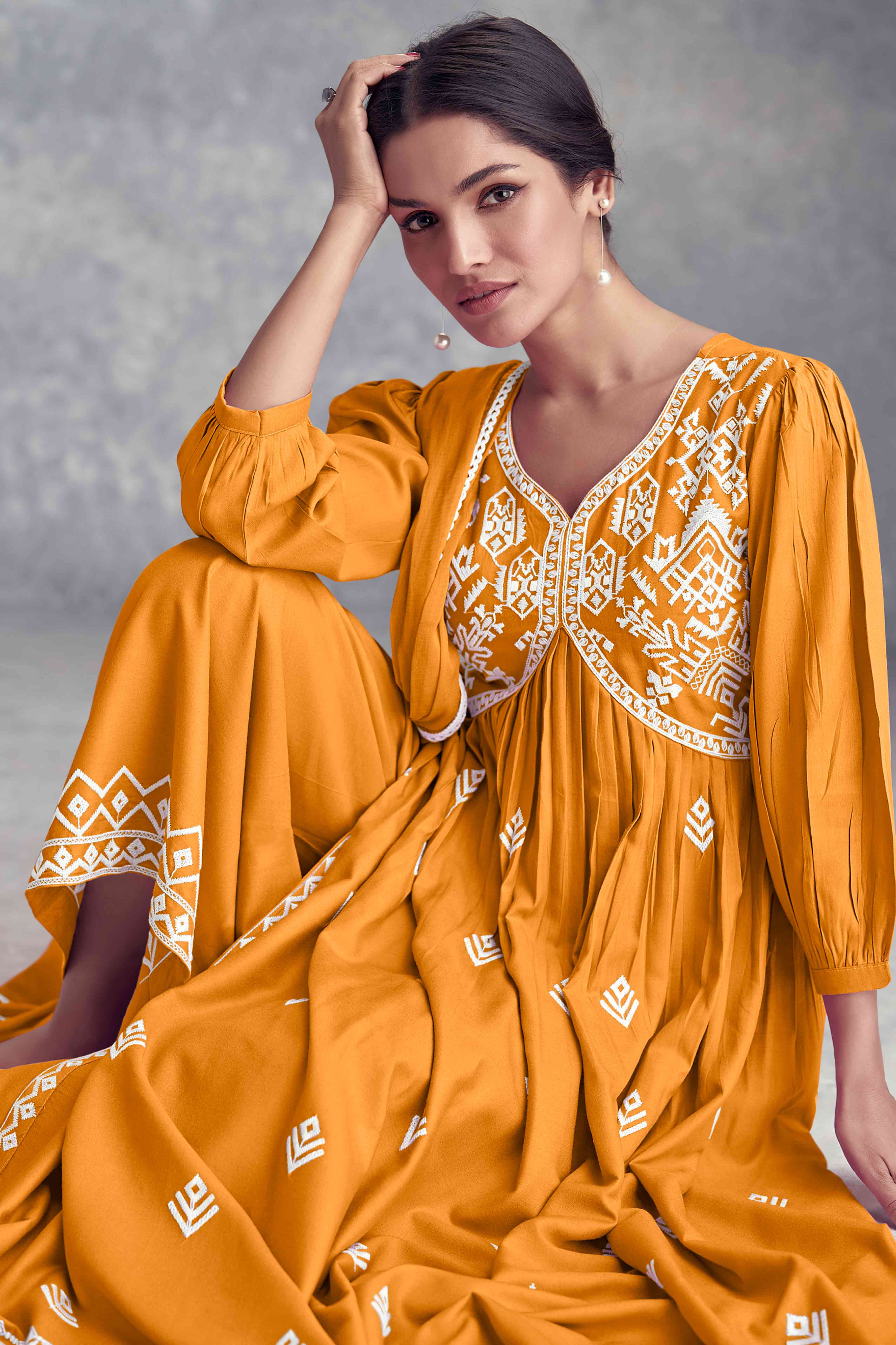 Mustard Floral Embroidered Rayon Salwar Suit