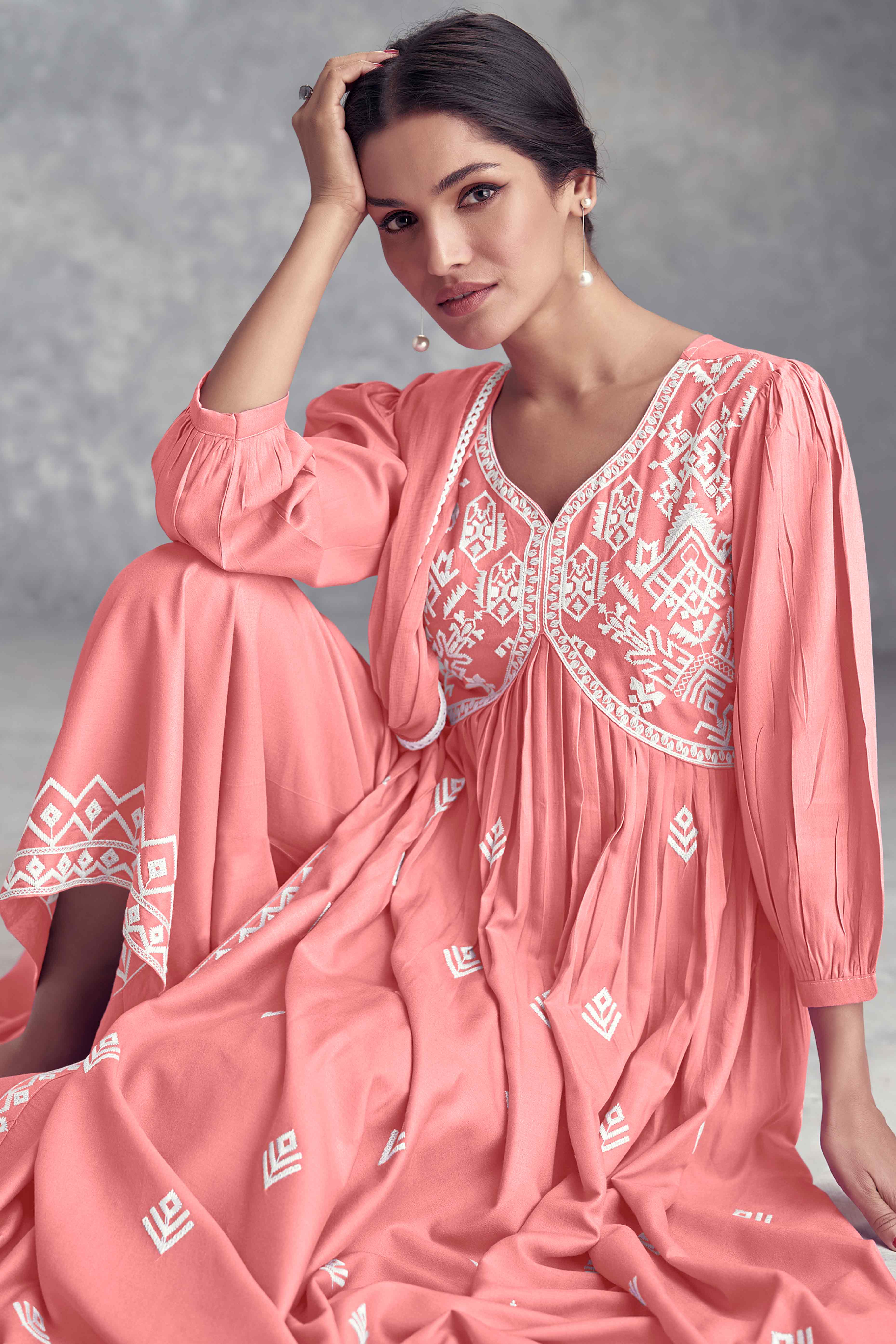 Peach Floral Embroidered Rayon Salwar Suit