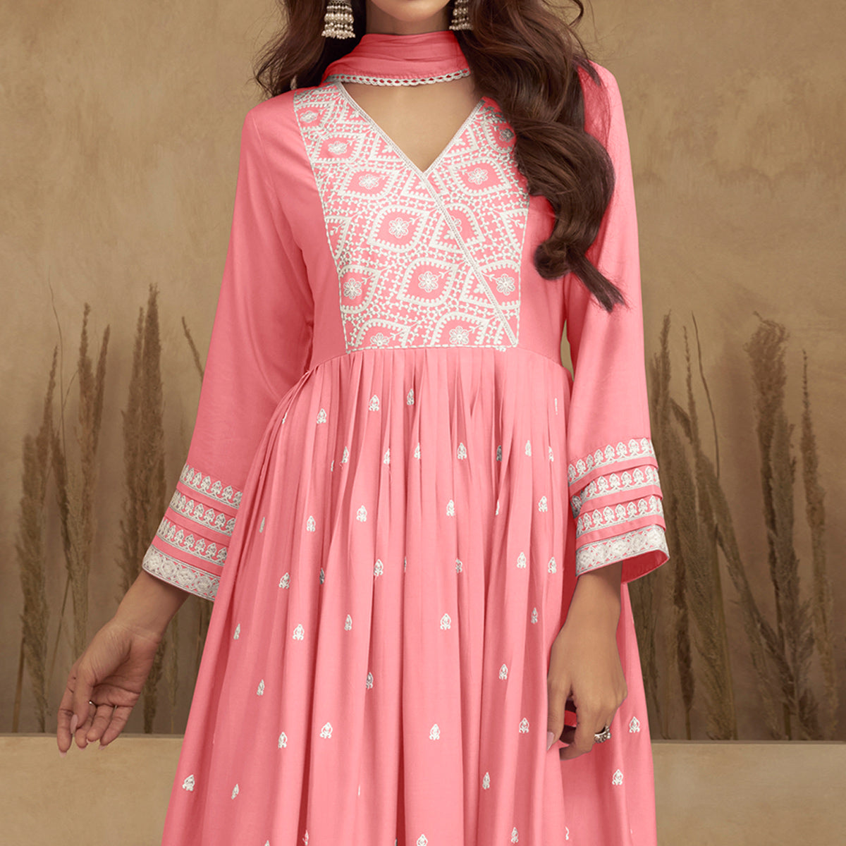 Pink Lucknowi Embroidered Rayon Naira Cut Suit