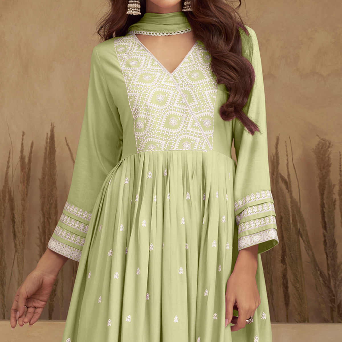 Green Lucknowi Embroidered Rayon Naira Cut Suit