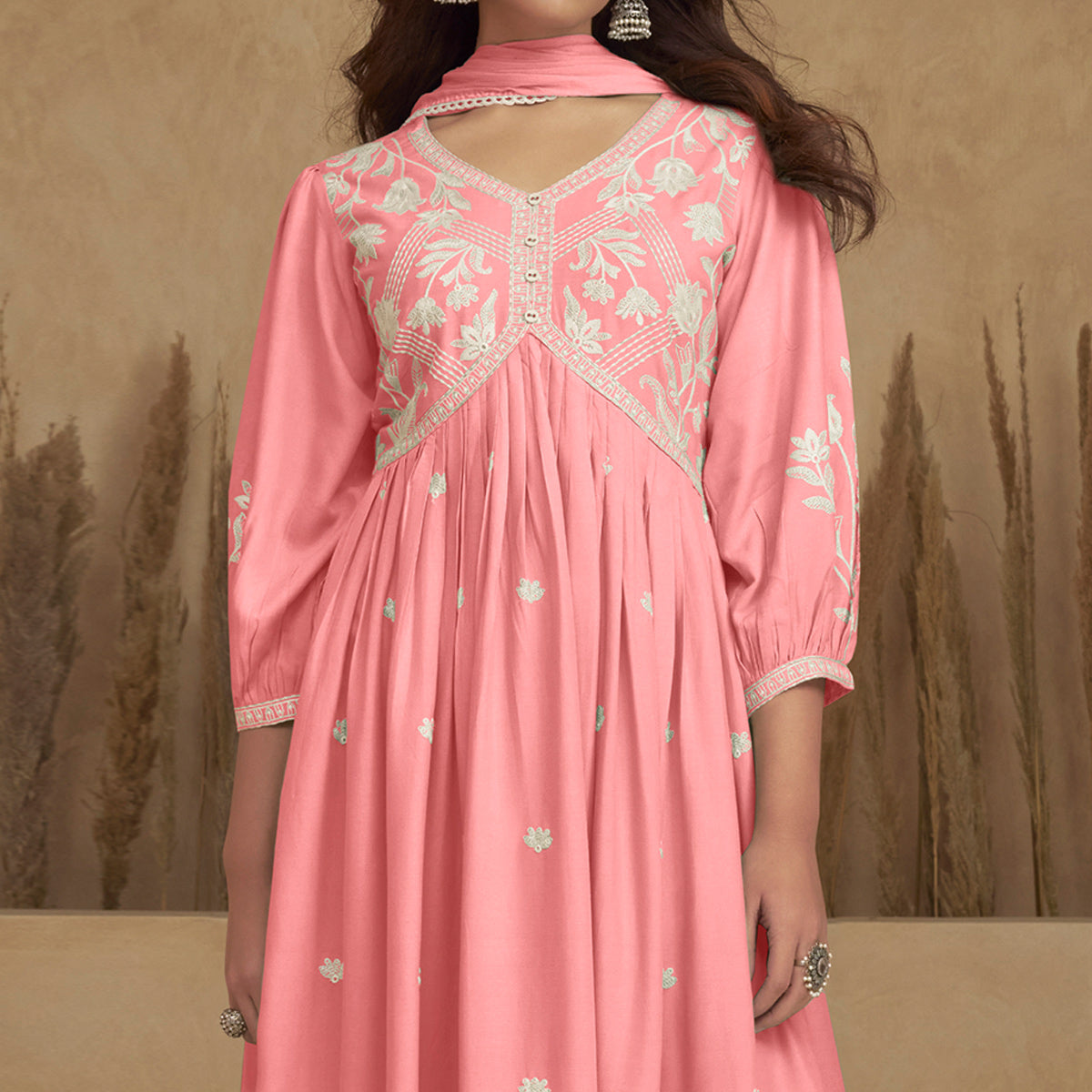 Pink Lucknowi Embroidered Rayon Alia Cut Suit