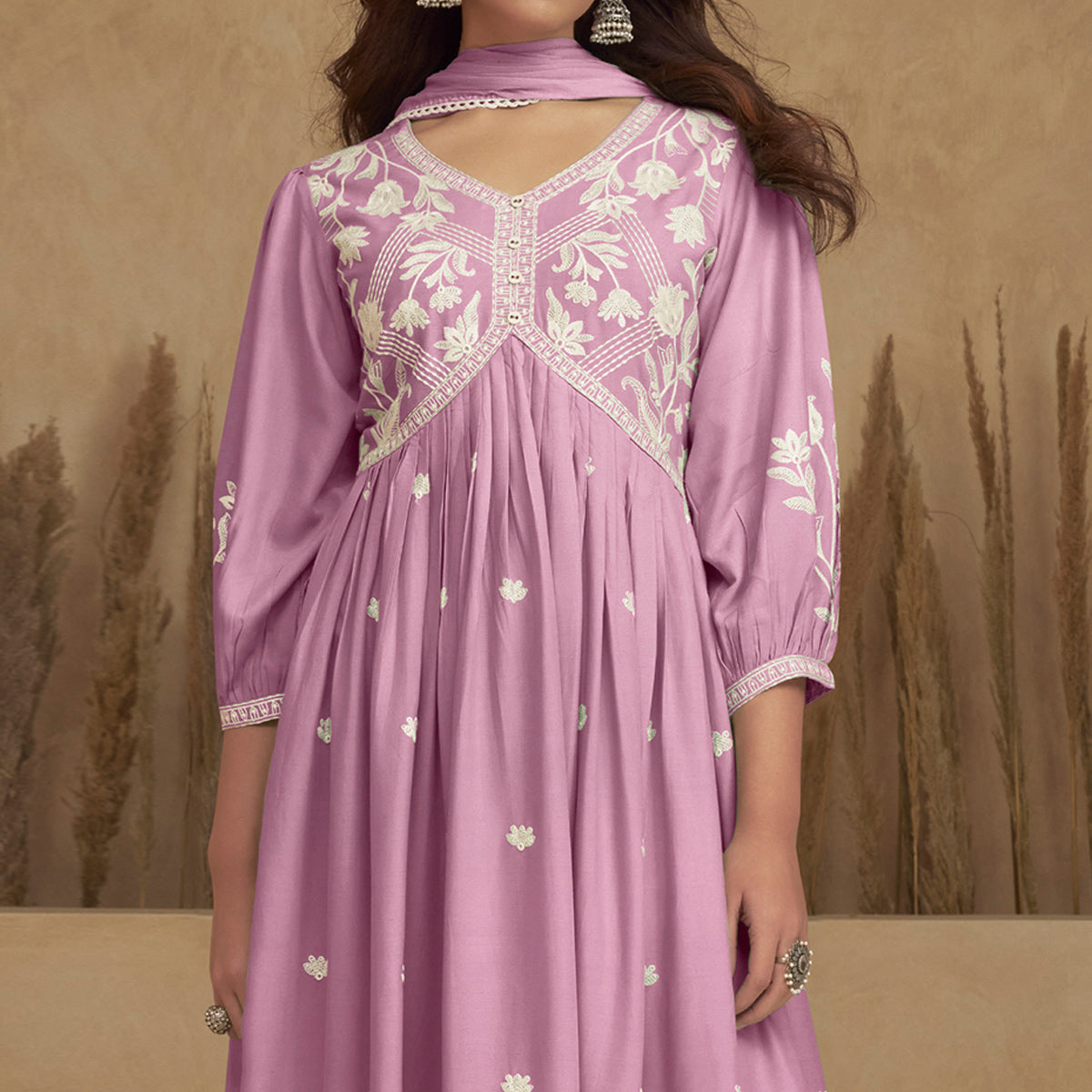 Pink Lucknowi Embroidered Rayon Alia Cut Suit