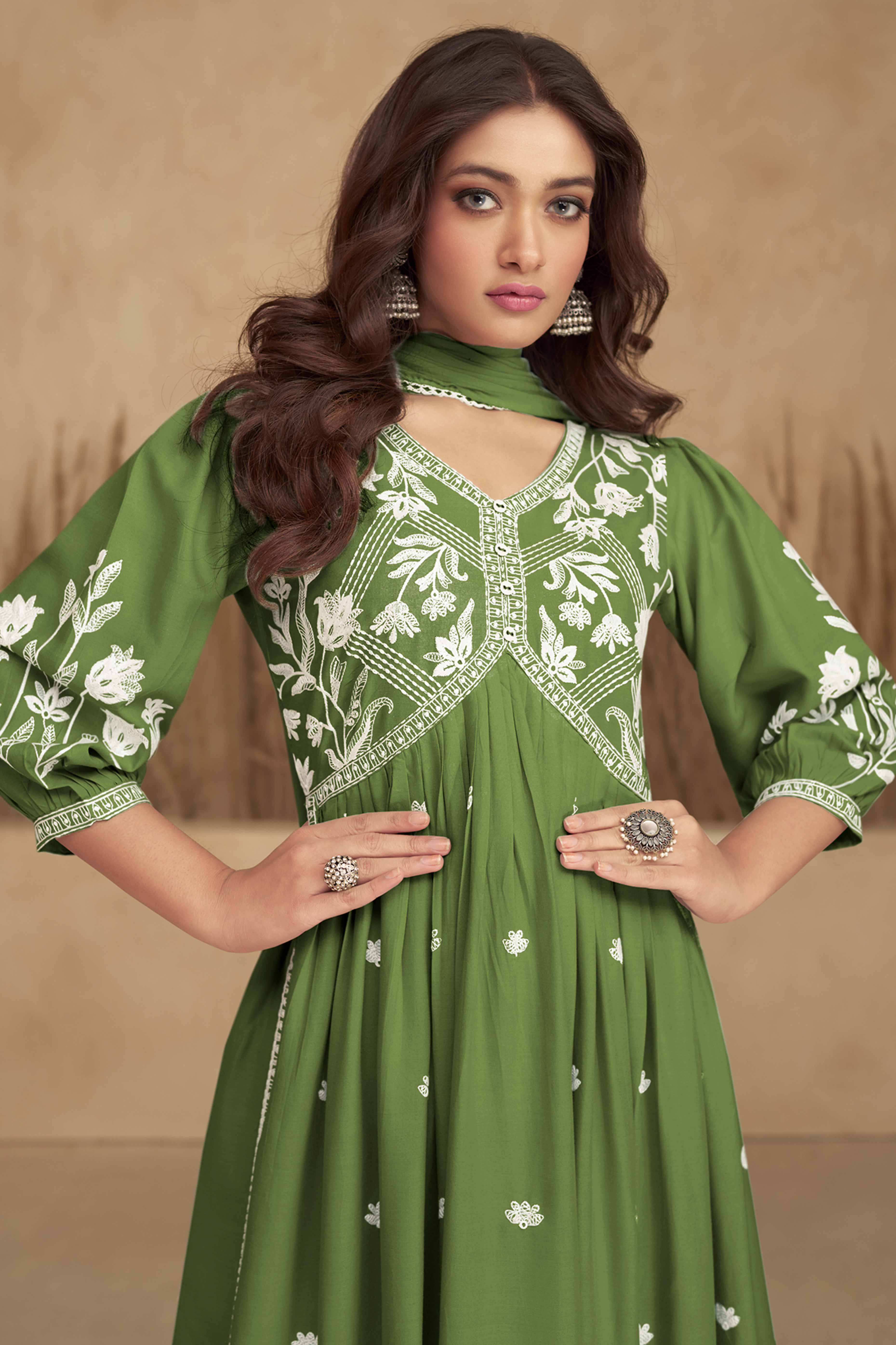 Dark Green Alia Cut Rayon Suit with Classic Lucknowi Embroidery