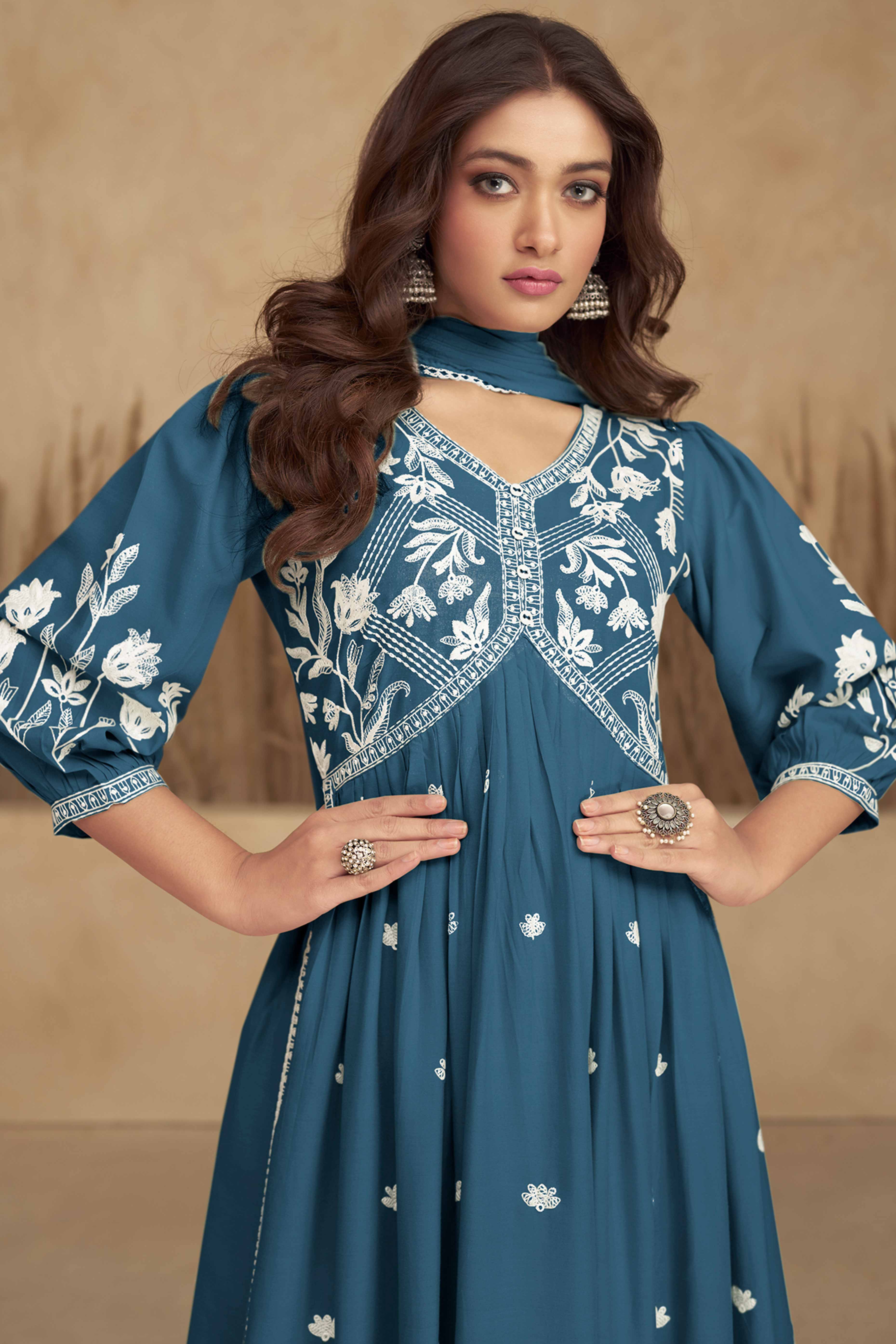 Teal Alia Cut Rayon Suit with Classic Lucknowi Embroidery