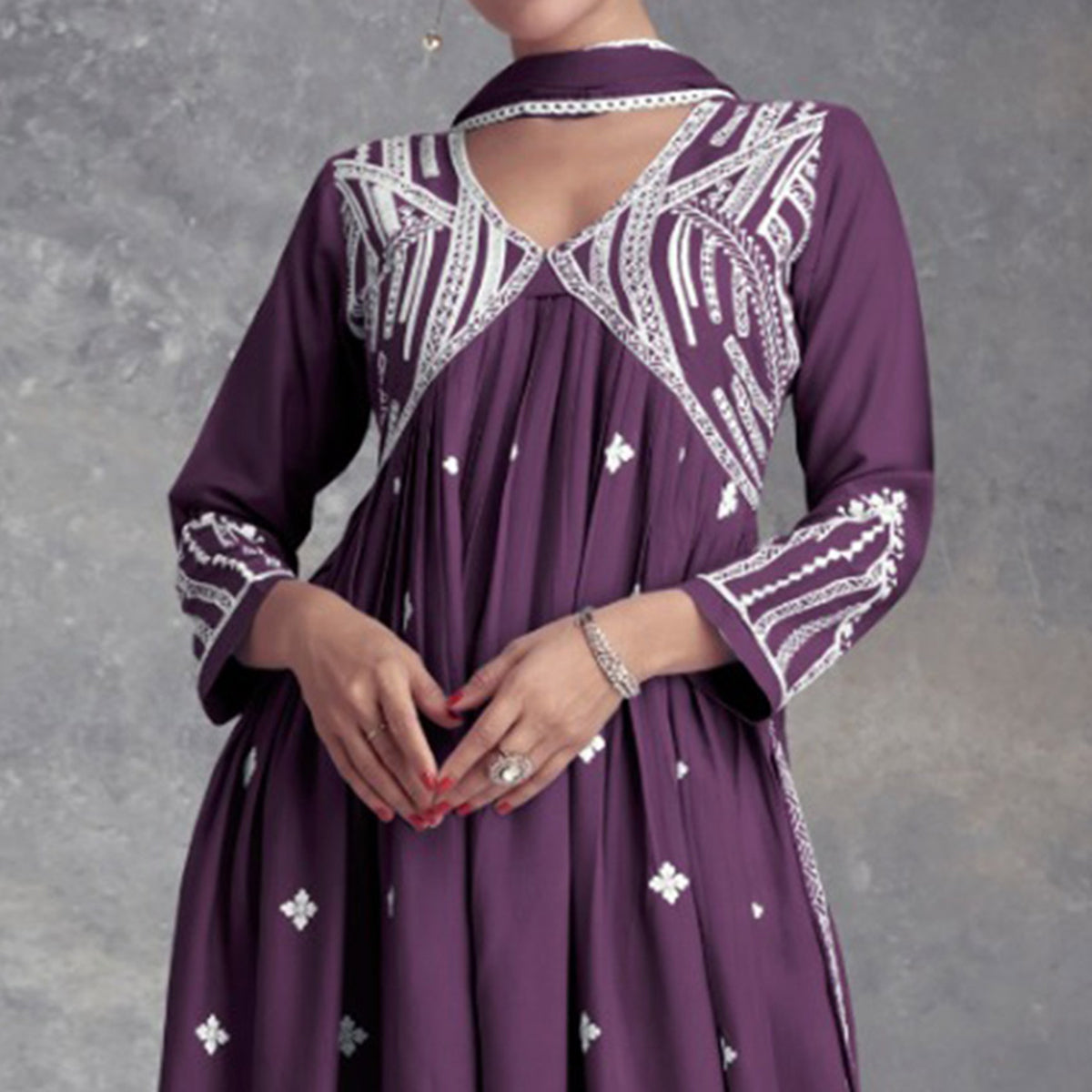 Wine Lucknowi Embroidered Rayon Naira Cut Suit